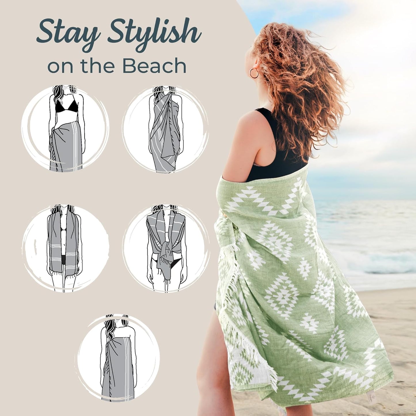 Turkish Towels Beach Towels Oversized (35”x67”) Beach Towels for Adults Quick Dry and Sand Free Beach Towel Beach Blanket 100% Cotton Turkish Towel - Soft Green