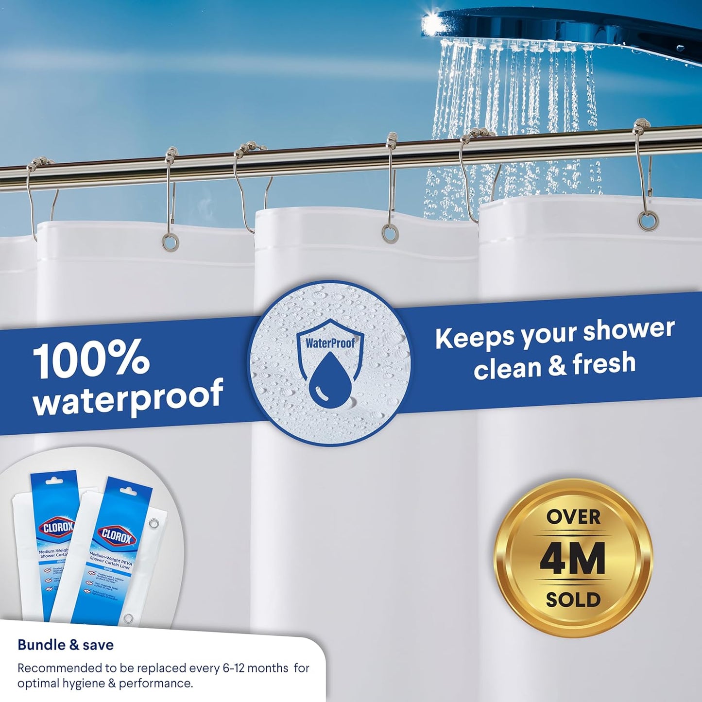 CLOROX Shower Curtain Liner, Premium Lightweight Flexible Waterproof 6g PEVA for Bathroom with Weighted Magnets, Standard Size 72" x 72", White 2 Pack
