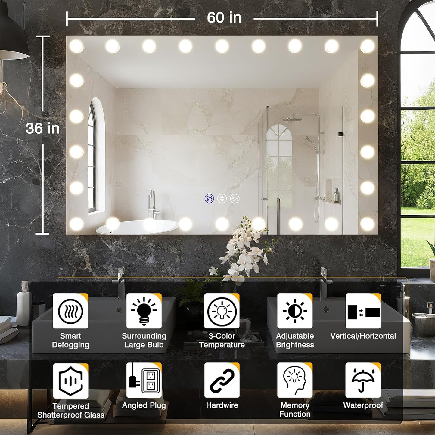 60x36 Hollywood Lit Bathroom Mirror with LED Bulbs, Colors Changeable & Brightness Dimmable, Anti Steam, Memory Function, ETL Listed, Tempered Glass, Wall Mountable, Horizontal/Vertical