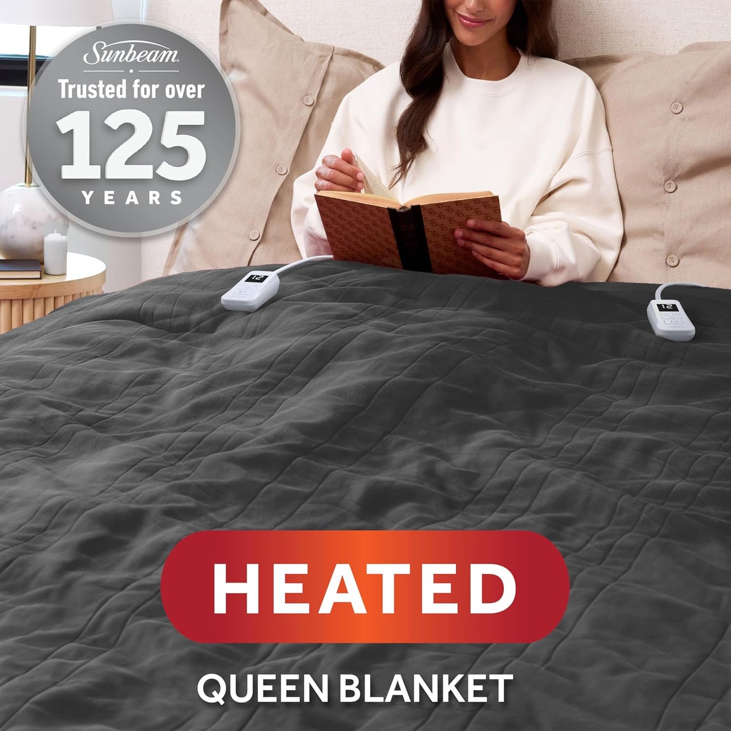 Sunbeam Electric Royal Luxe Microplush Heated Blanket, 12 Heat Settings, 12-Hour Auto Shut-Off, Fast Heating, Warm & Cozy, Machine Washable, Night Fog Color, Queen (90" x 84")