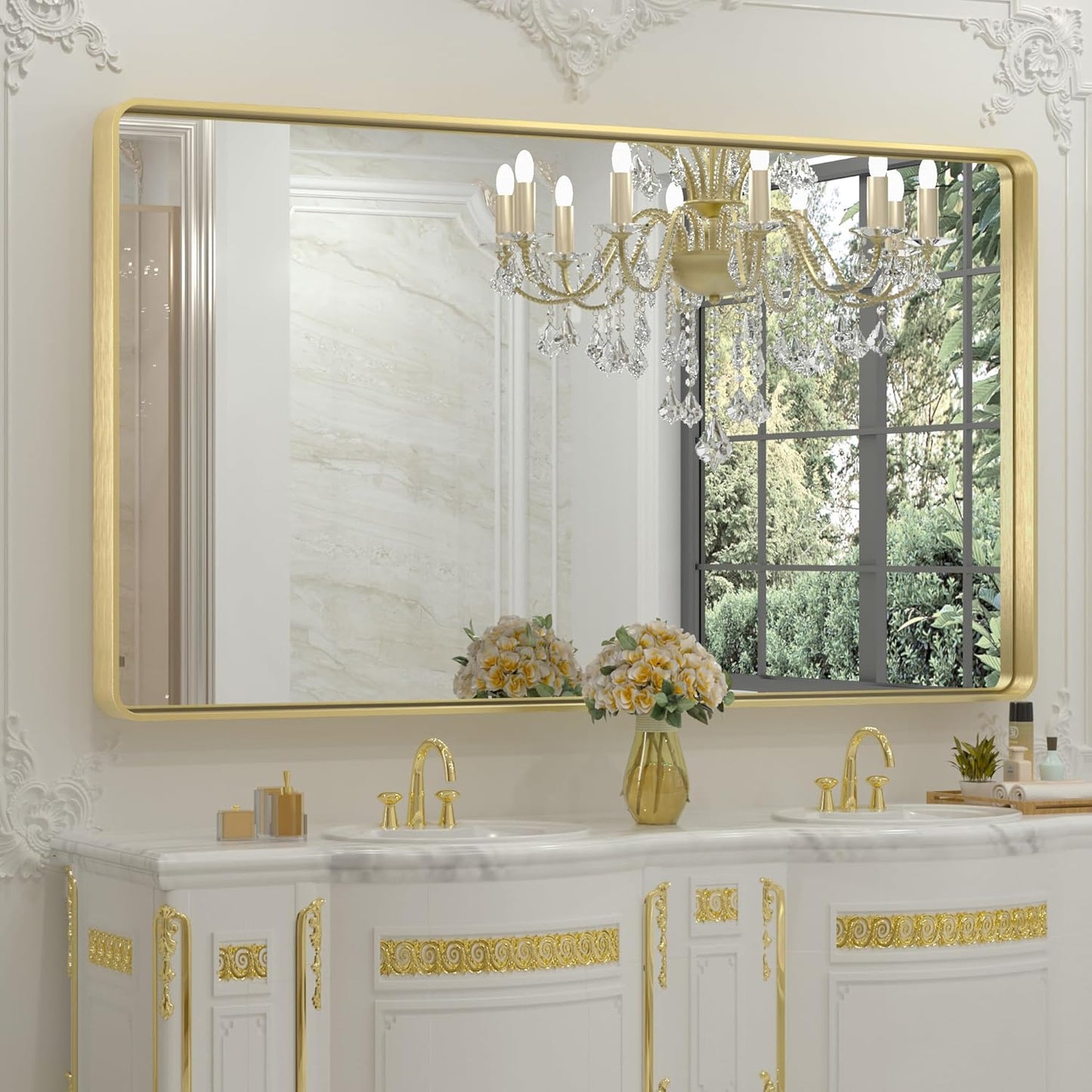 TETOTE 55 x 30 Inch Bathroom Mirror, Brushed Gold Metal Framed Wall Mounted Mirrors, Brushed Brass Rectangle Modern Decorative Vanity Mirror (Horizontal/Vertical)