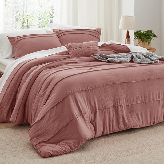 Bedsure California King Comforter Set - 4 Pieces Pinch Pleat Bed Set, Dusty Pink Boho Bedding for All Season, 1 Soft Comforter, 2 Pillowcases, 1 Decorative Pillow