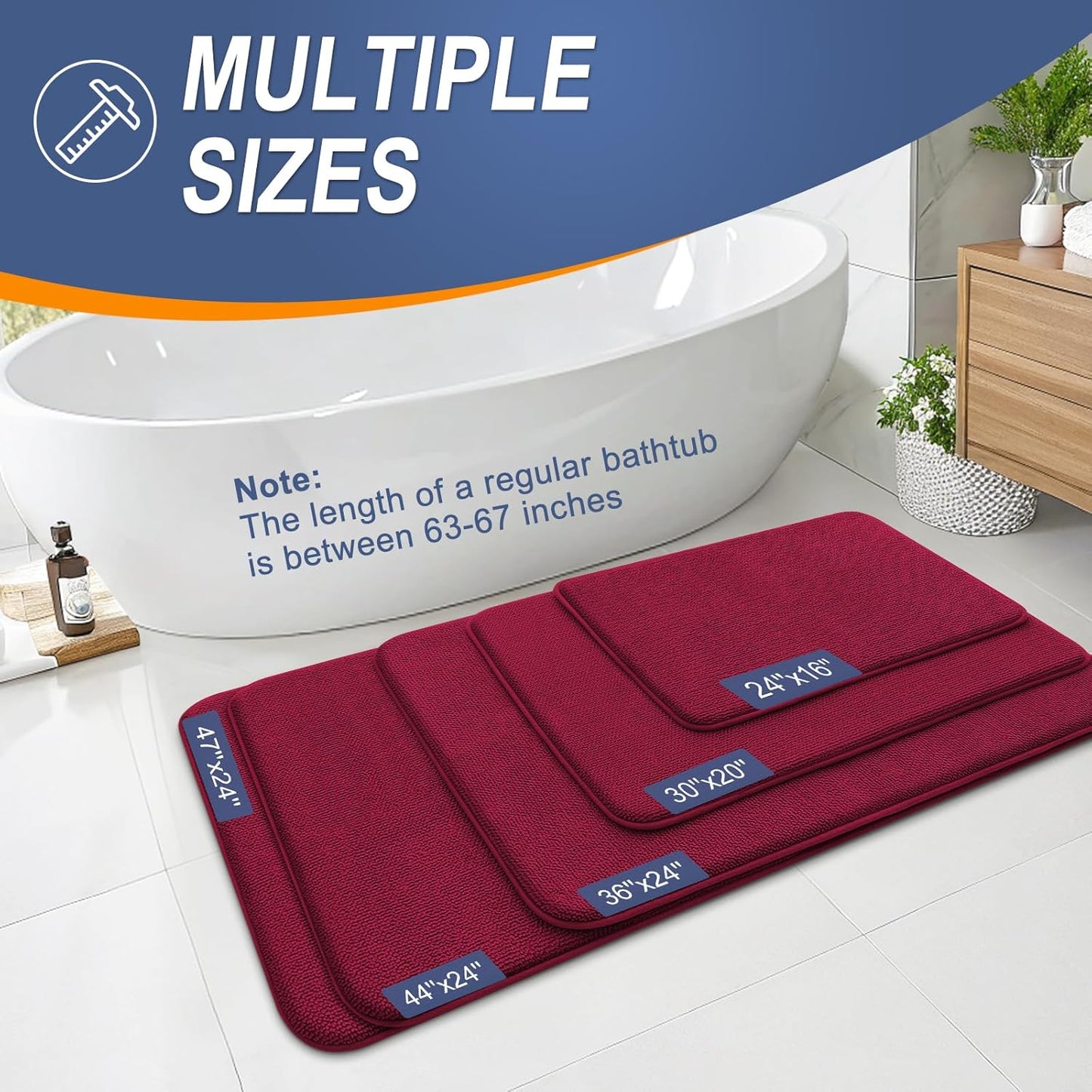OLANLY Thick Memory Foam Bath Mat Rug 59x24, Extra Soft Absorbent Bathroom Rug, Quick Dry Bath Mats, Non-Slip, Machine Washable Carpet for Bathroom, Tub and Shower, Home Decor Accessories, Burgundy