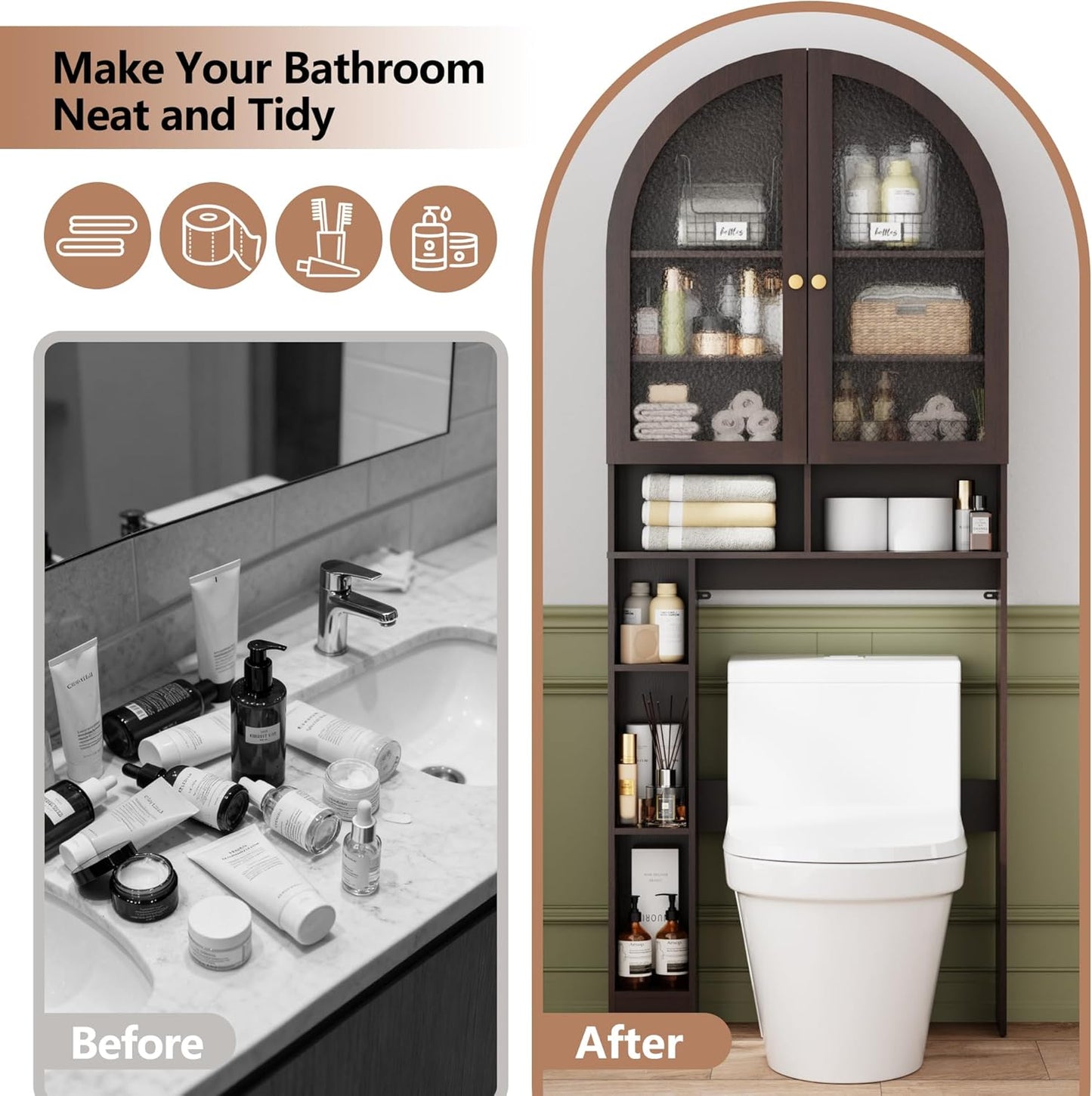 Over The Toilet Storage Cabinet, 29.7”W Modern Storage Cabinet Over Toilet with Acrylic Doors, Arched Freestanding Over Toilet Rack with Adjustable Shelf for Bathroom, Espresso