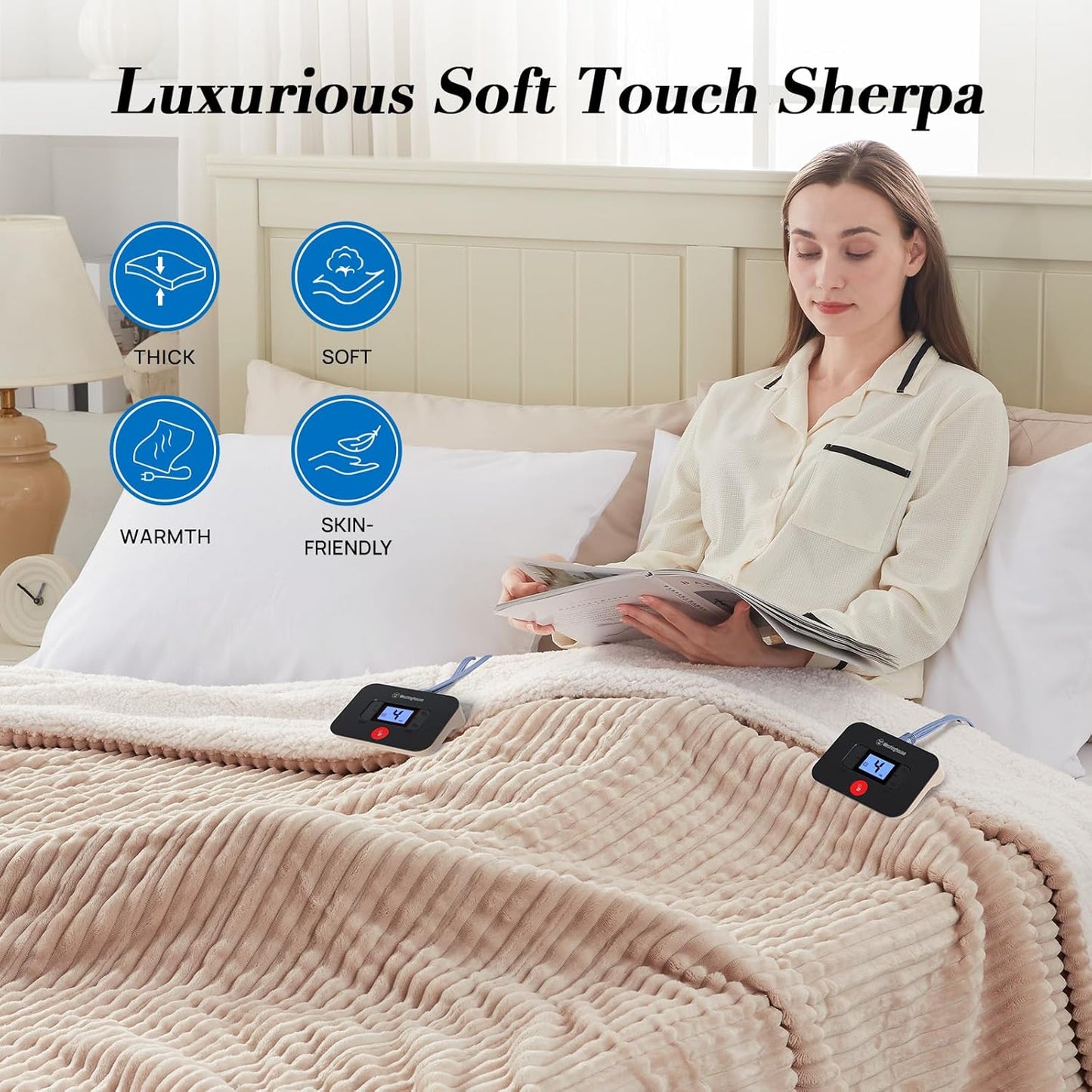 Westinghouse Queen Size Electric Blanket, Flannel to Sherpa Reversible, Heated Blanket Queen with Dual Control 10 Heating Settings & 1-12 Hours Auto Shut Off, Machine Washable, (84" x 90", Beige)
