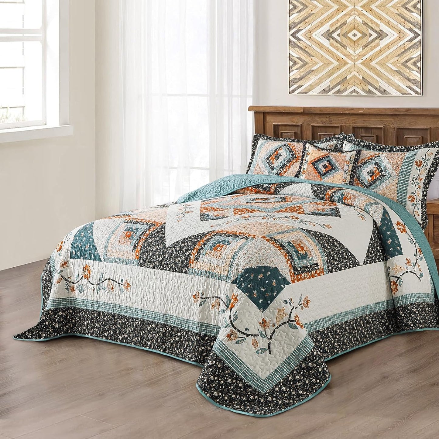 BEDIFANY Cotton California King Size Quilt Sets, Floral Lightweight King Size Bedspread (108 x 118 inch) Cotton Filling Oversized King Quilt Bedding Sets for All Seasons, 3 Pieces