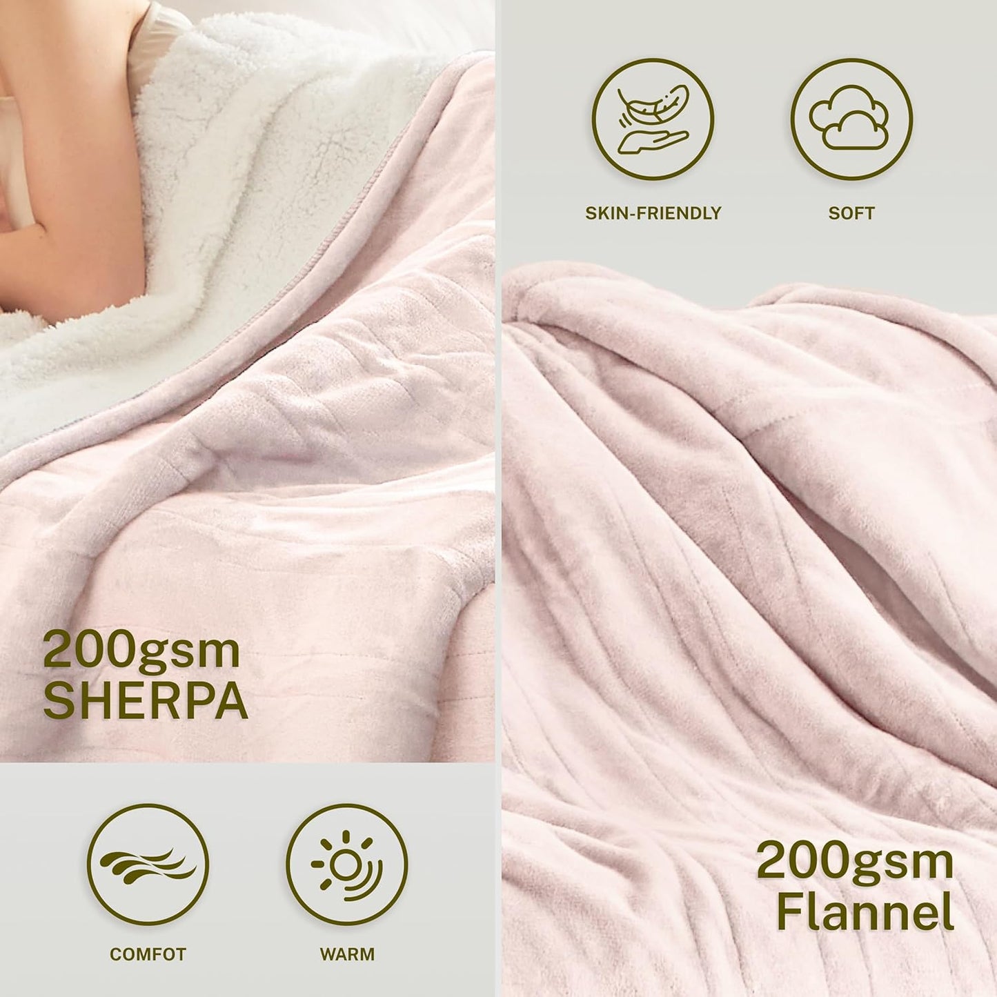 Heat Blanket 50”x60” Throw,Soft Flannel & Sherpa Reversible Electric Blanket with 10 Heat Settings,12 Timer Setting and 3 Hours Auto-Shut Off,ETL Certified Machine Washable,Pink