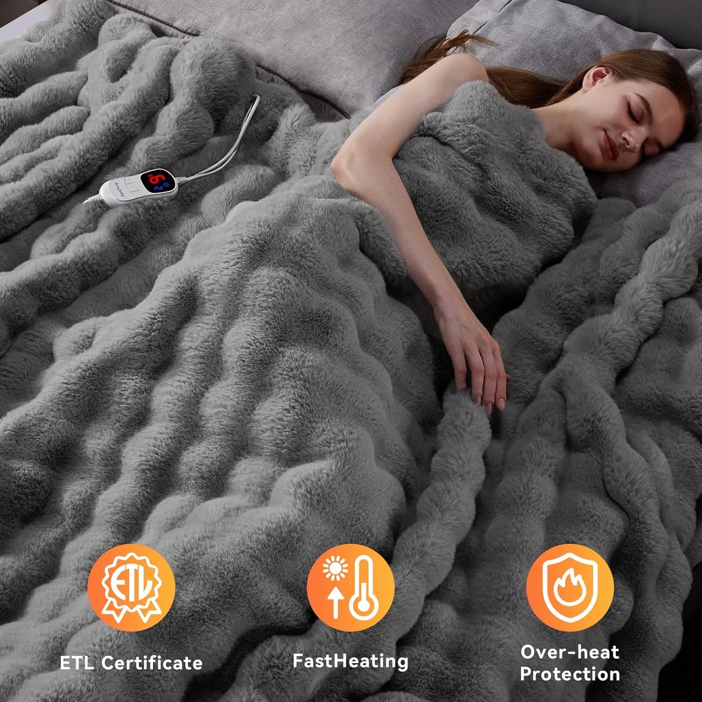 Heated Blanket Queen Size with 1/2/4/6/8 Hours Auto-Off 10 Heat Level, 72'' * 84'' Cozy Faux Rabbit Fur Bubble Electric Blanket with Overheat Protection(Light Grey)