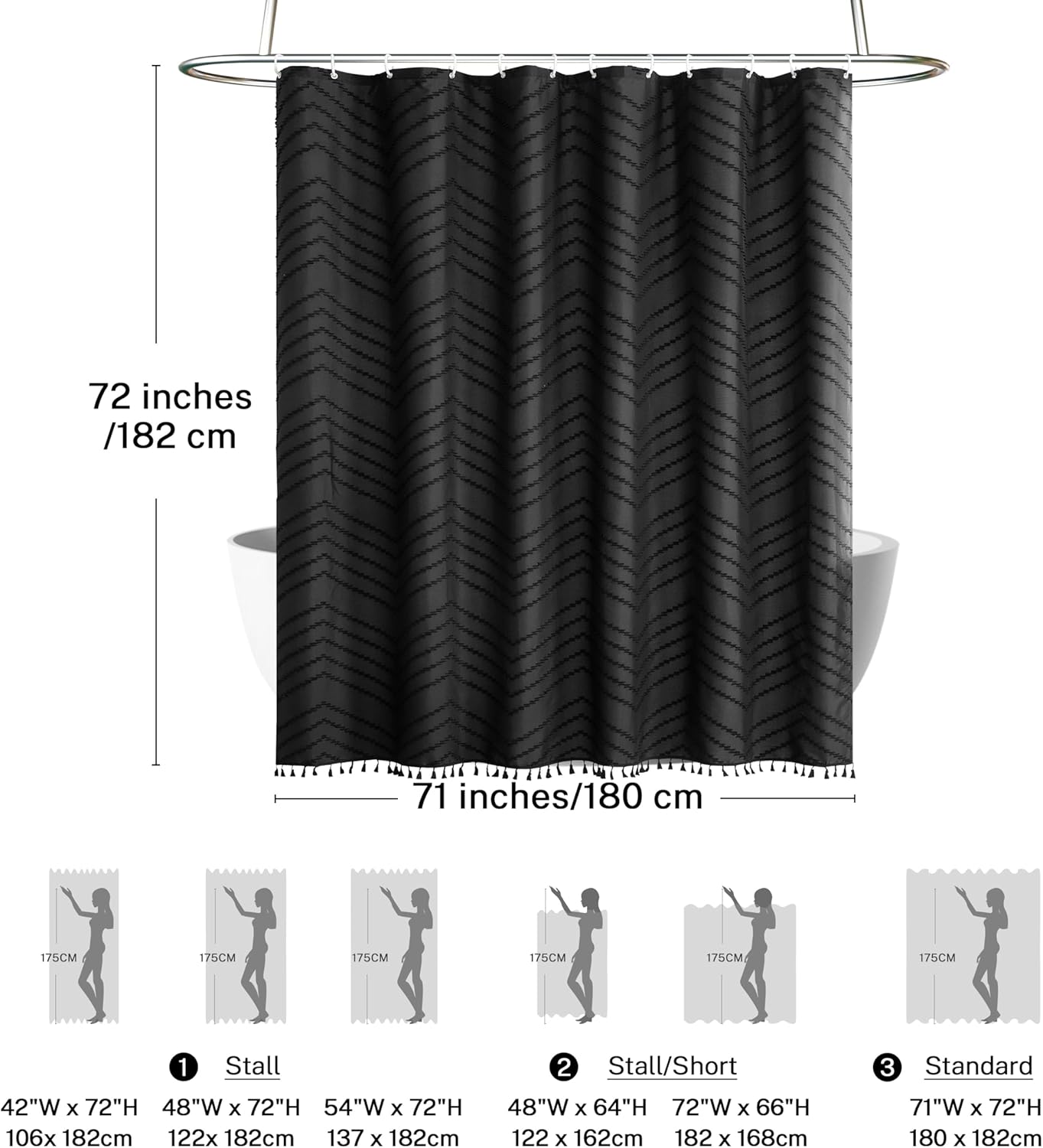 Boho Black Tassel Woven Fabric Shower Curtain 71 x 72 Modern Farmhouse Textured Tufted Chevron Striped Minimalist Bathroom Shower Curtain