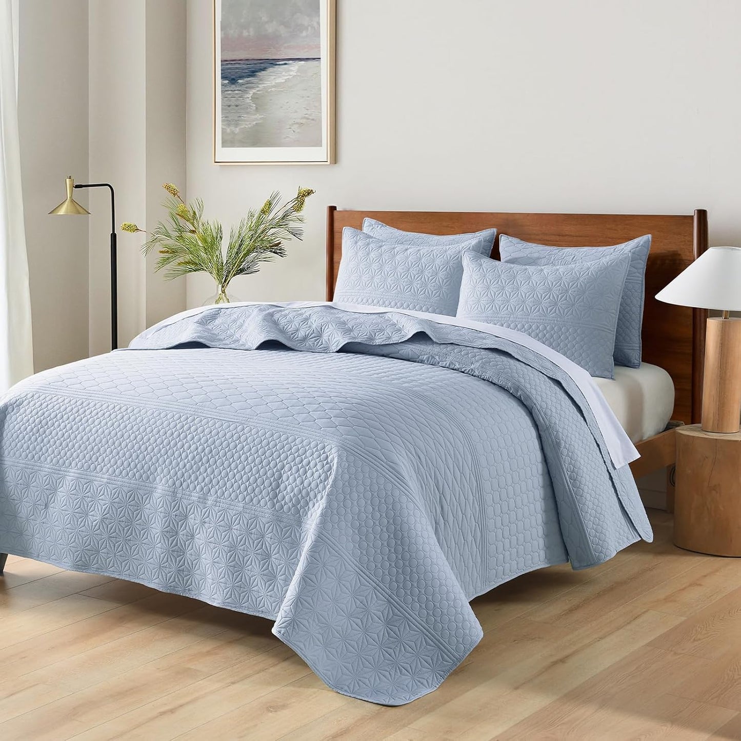 HORIMOTE HOME Light Blue Queen Size Quilt Set - Soft Microfiber Bedspread with 2 Shams, Lightweight & All-Season Geometric Coverlet for Cozy Bedding