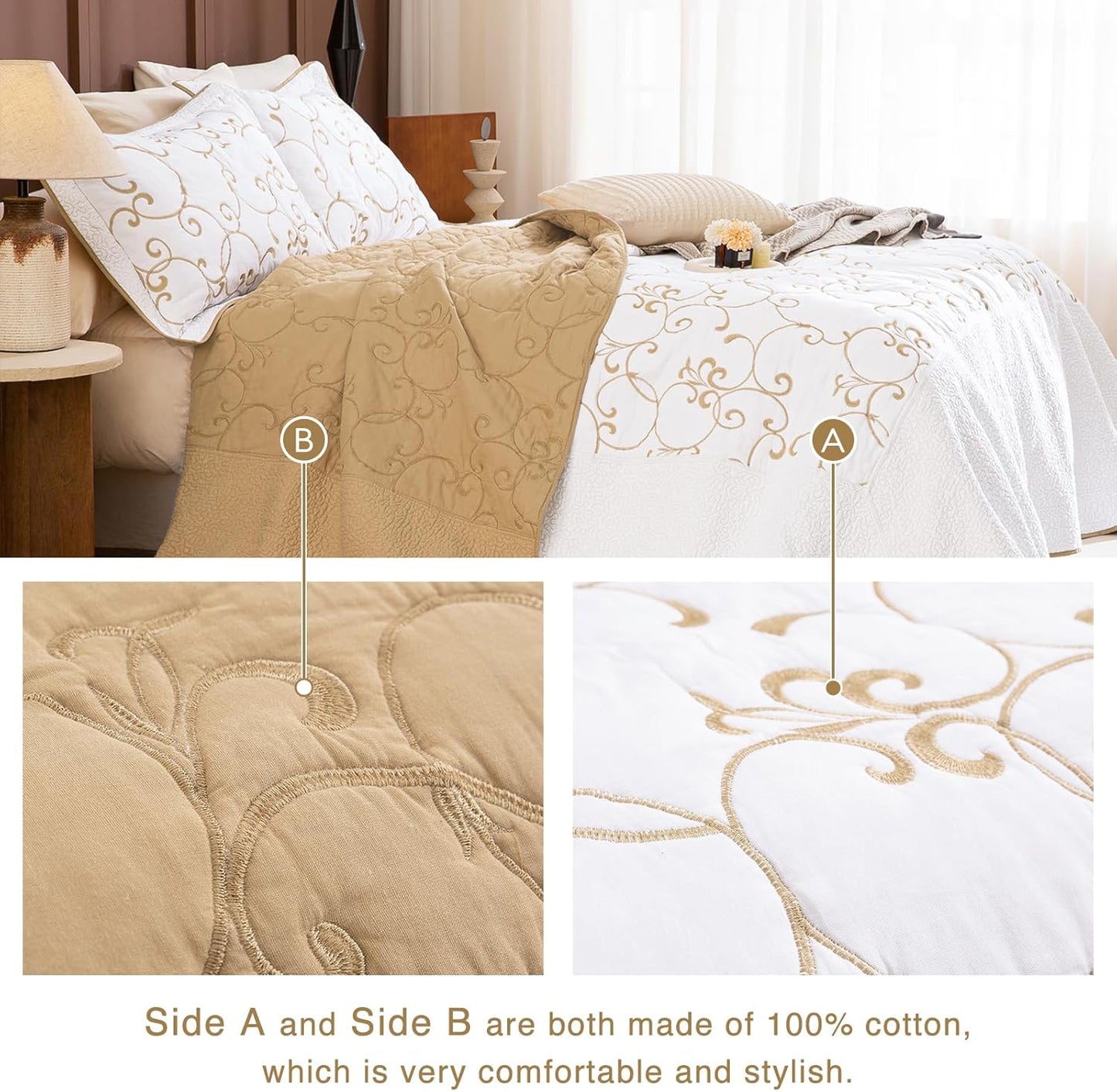 Lady Ann Oversized King 128x120 Quilt Bedspreads,100% Cotton Embroidery Pattern California King Size Quilt Bedding Set Extra Large Lightweight White with Gold Quilted Bedding Coverlet Set 3Pcs