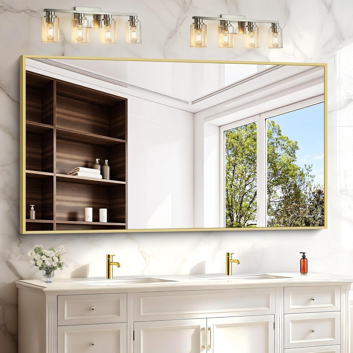 30x55In Gold Bathroom Mirror for Wall, Brushed Gold Rectangle Mirrors with Metal Frame, Bathroom Rectangular Mirror Modern Wall Mirror for Bedroom Living Room, Hangs Horizontal or Vertical
