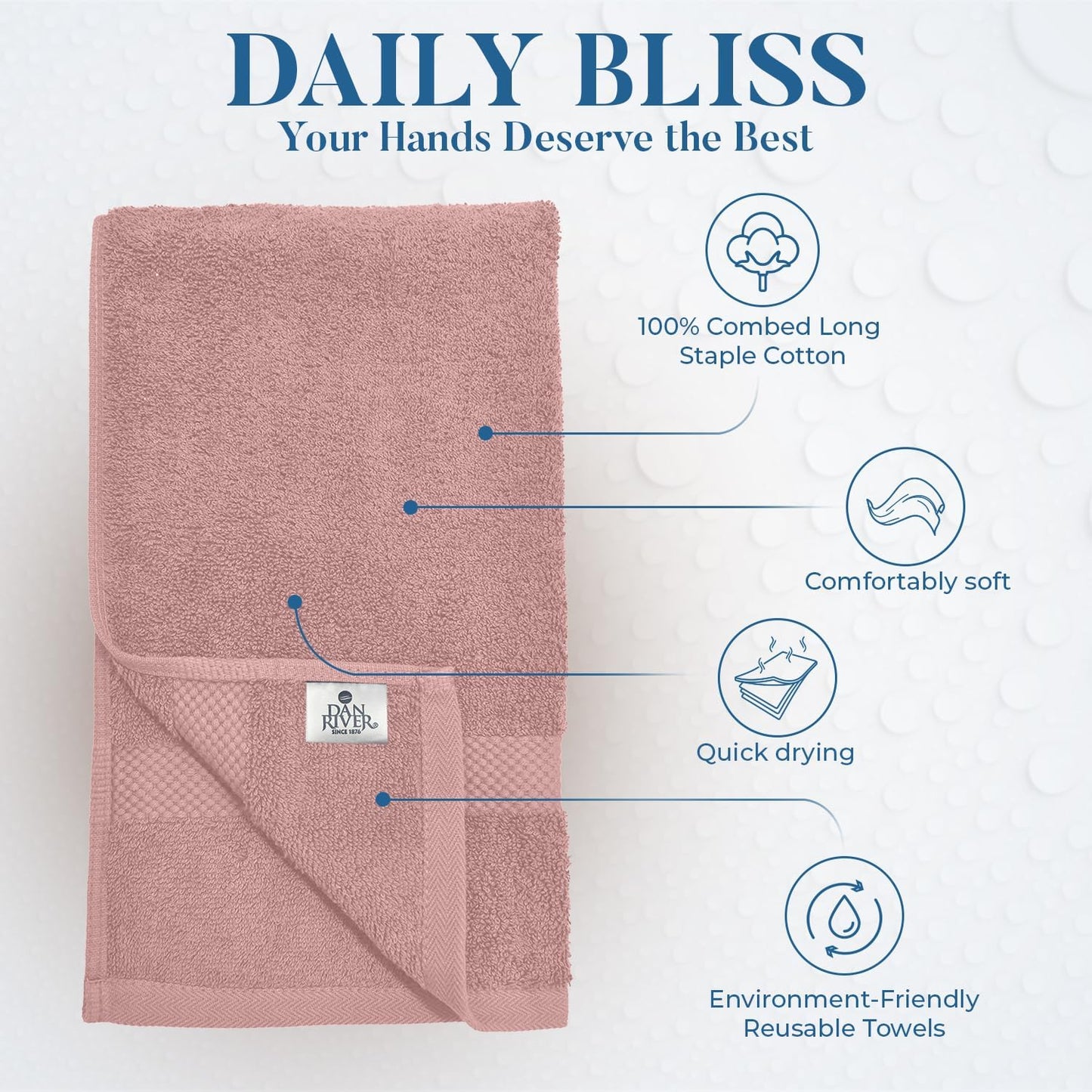 DAN RIVER 6-Pack Premium Hand Towels (16x28 Inches) - 100% Cotton, Ultra Soft, Lightweight, Highly Absorbent Towels for Bathroom, Spa, Gym, Salon, Hotel, and Travel - 550 GSM – Dusty Pink