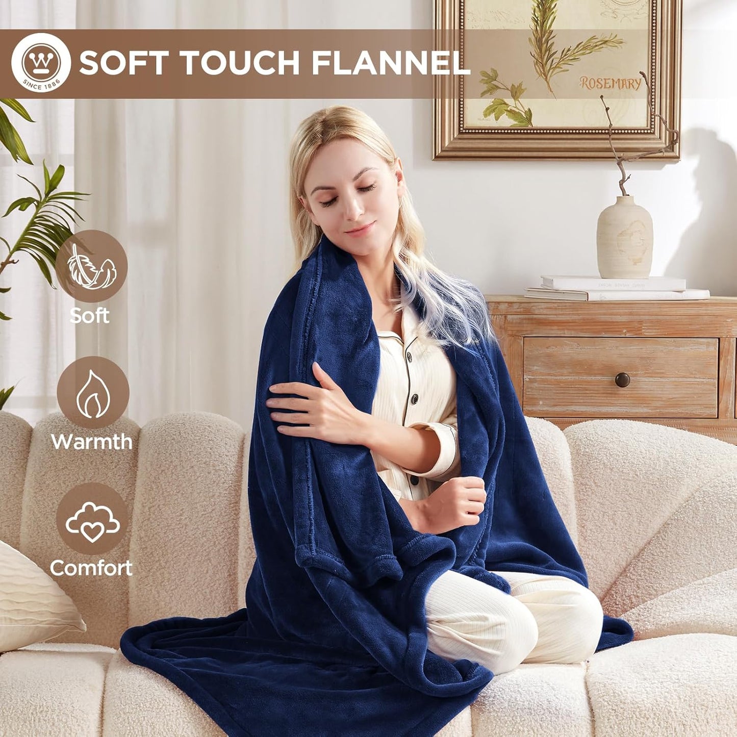 Westinghouse Heated Blanket Throw, Electric Throw with 6 Heating Levels, 2-10 Hours Time Settings, Overheat Protection, Machine Washable, Flannel (Throw, 50x60 Inches, Navy Blue)