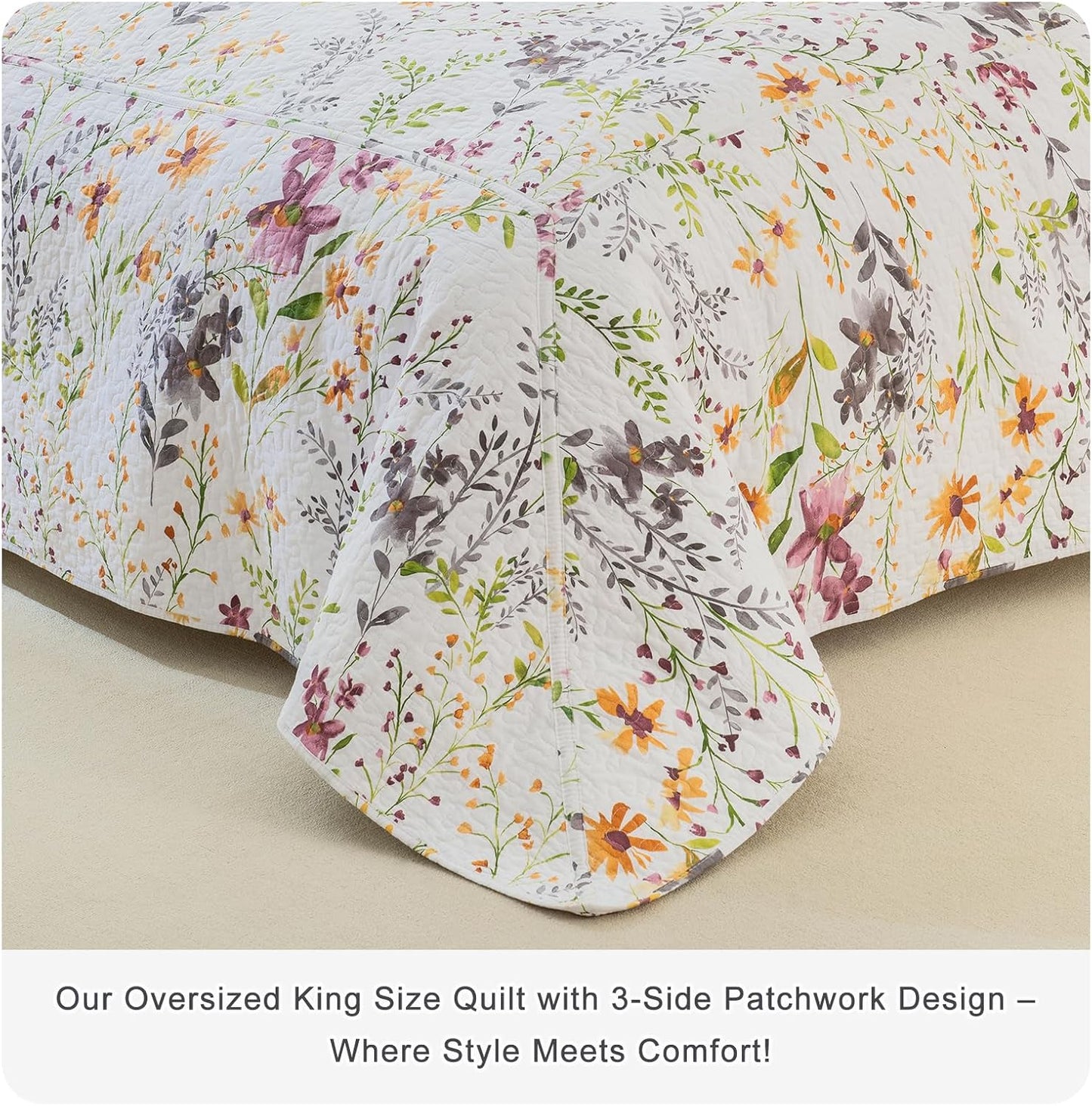 Lady Ann Oversized Cal King Bedspreads for Extra Bed 120x120, Wild Floral Printed Quilt Set 100% Cotton Flower Botanical Pattern Bedding, Vintage Coverlet with Pillow Shams for All Season, 3 PCS