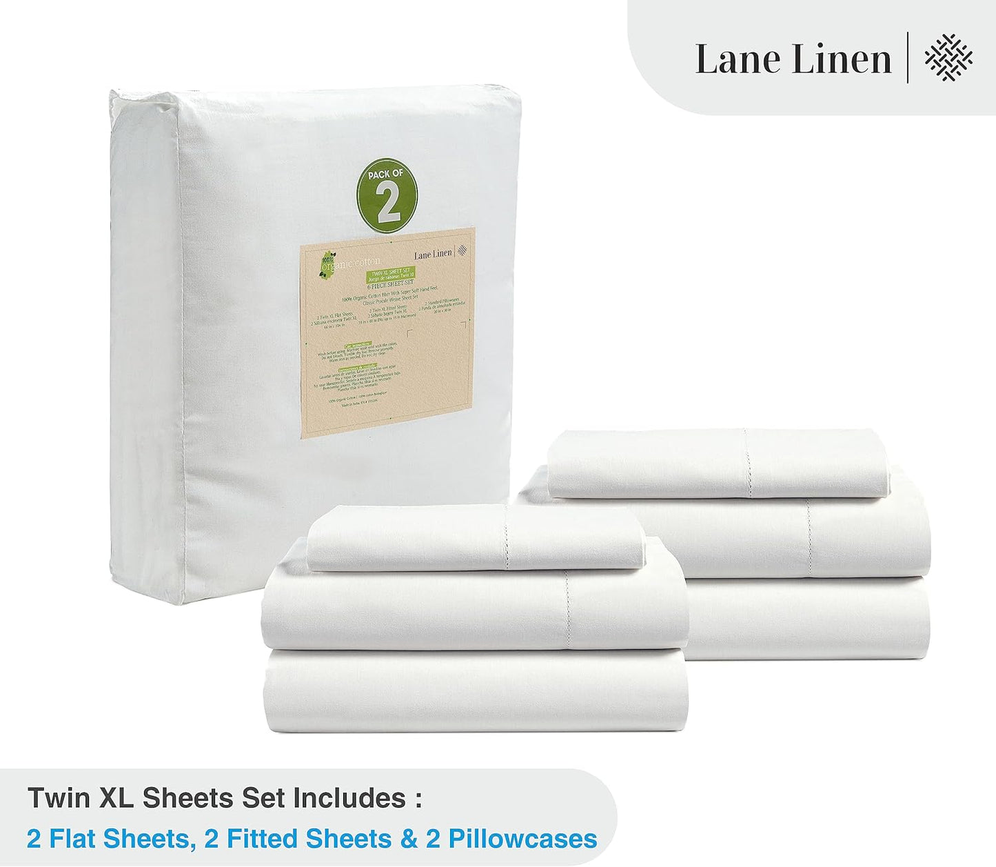 LANE LINEN 100% Organic Cotton White Twin XL Sheets Set, 3-Piece Pure Organic Cotton Percale Sheet, Extra Long Twin Sheets, Ultra Soft Bedding Sheet, Fits Mattress Upto 15" Deep - White (2Pack)