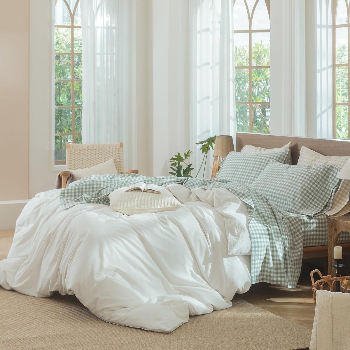 MooMee Gingham Sheet Set 100% Washed Cotton Linen Like Textured Breathable Soft w/ Fully Elasticized 16-19" Deep Pocket (Classic Gingham Sage Green, King)