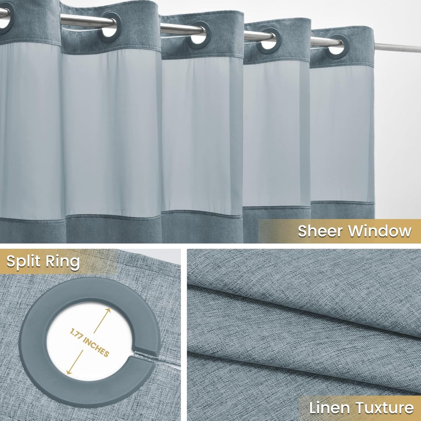 Extra Long No Hook Shower Curtain with Snap in Liner, Polyester Textured Shower Curtain with Liner Set, Waterproof Washable Hotel Style Shower Curtains for Bathroom, 71Wx86H, Blue Grey