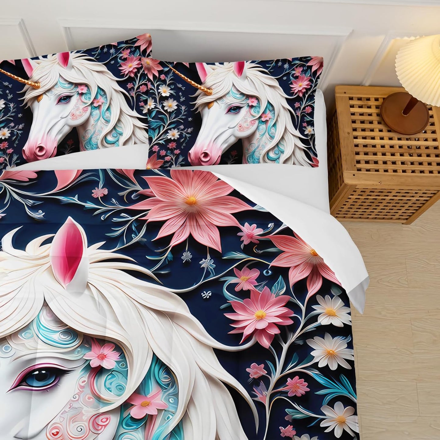 White and Pink Unicorn Flower Queen Size Comforter Set for Girls，Kids Queen Size Unicorn Bedding Sets for Girls，with 1 Comforter with 2 Pillow Case