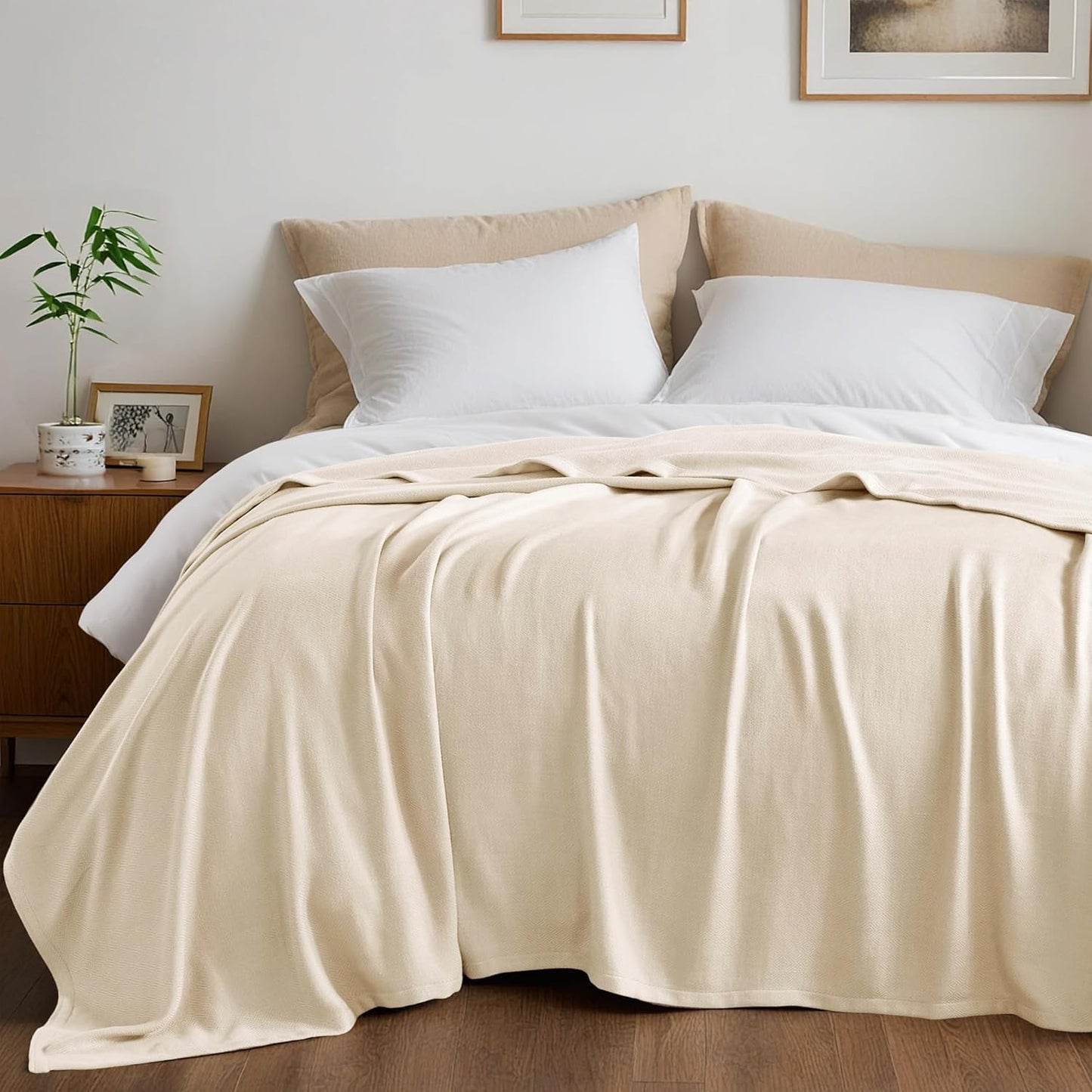 Queen Size Blanket, 70% Rayon (Derived from Bamboo) and 30% Cotton, Lightweight Jacquard Weave, Breathable and Soft Summer Blanket for Bed or Couch, 90” x 90”, Ivory