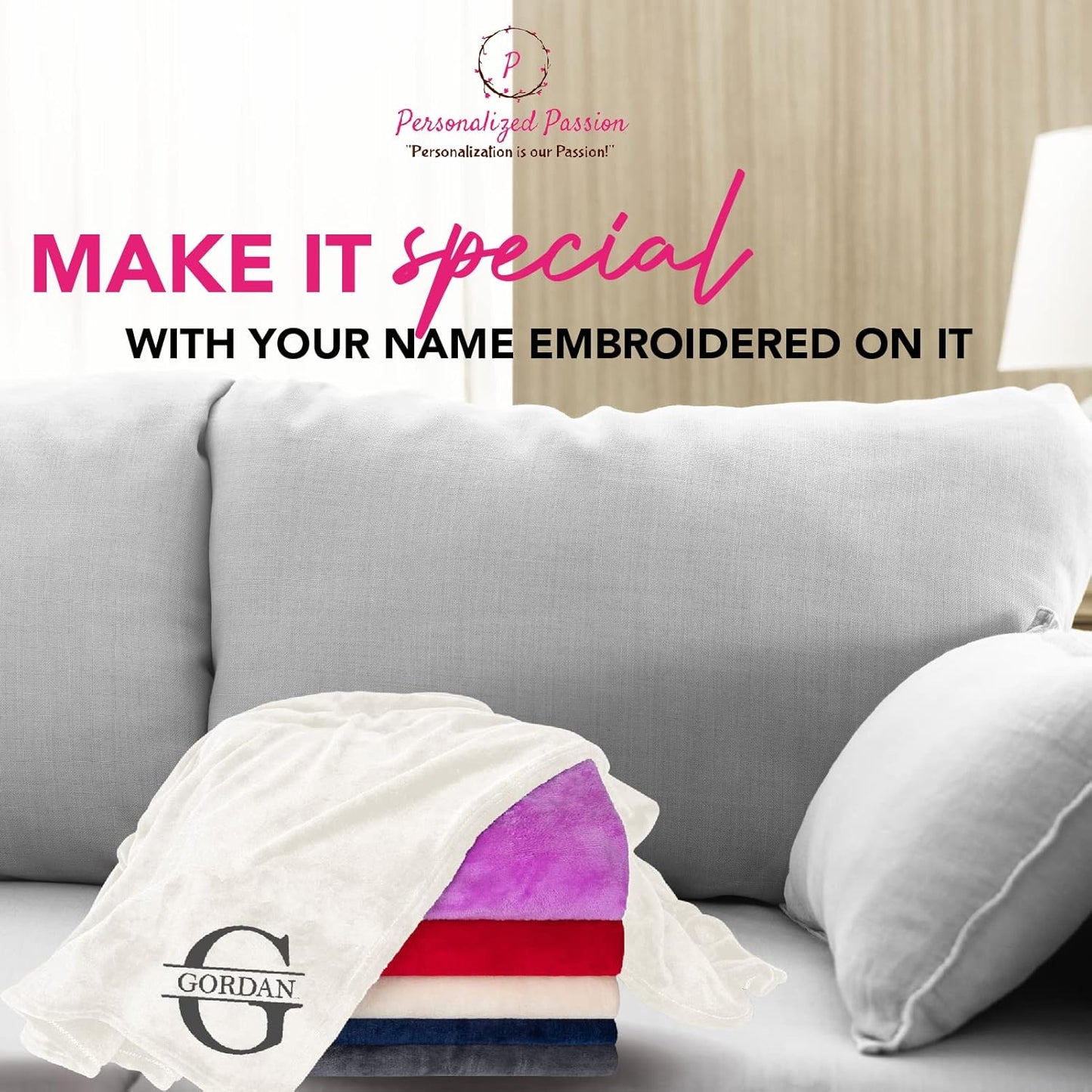 Personalized Passion Blankets with Custom Name & Initial Monogram - Super Soft and Cozy Fleece - Unisex Custom Blanket for Him and Her - 60x40 Inches - Cream