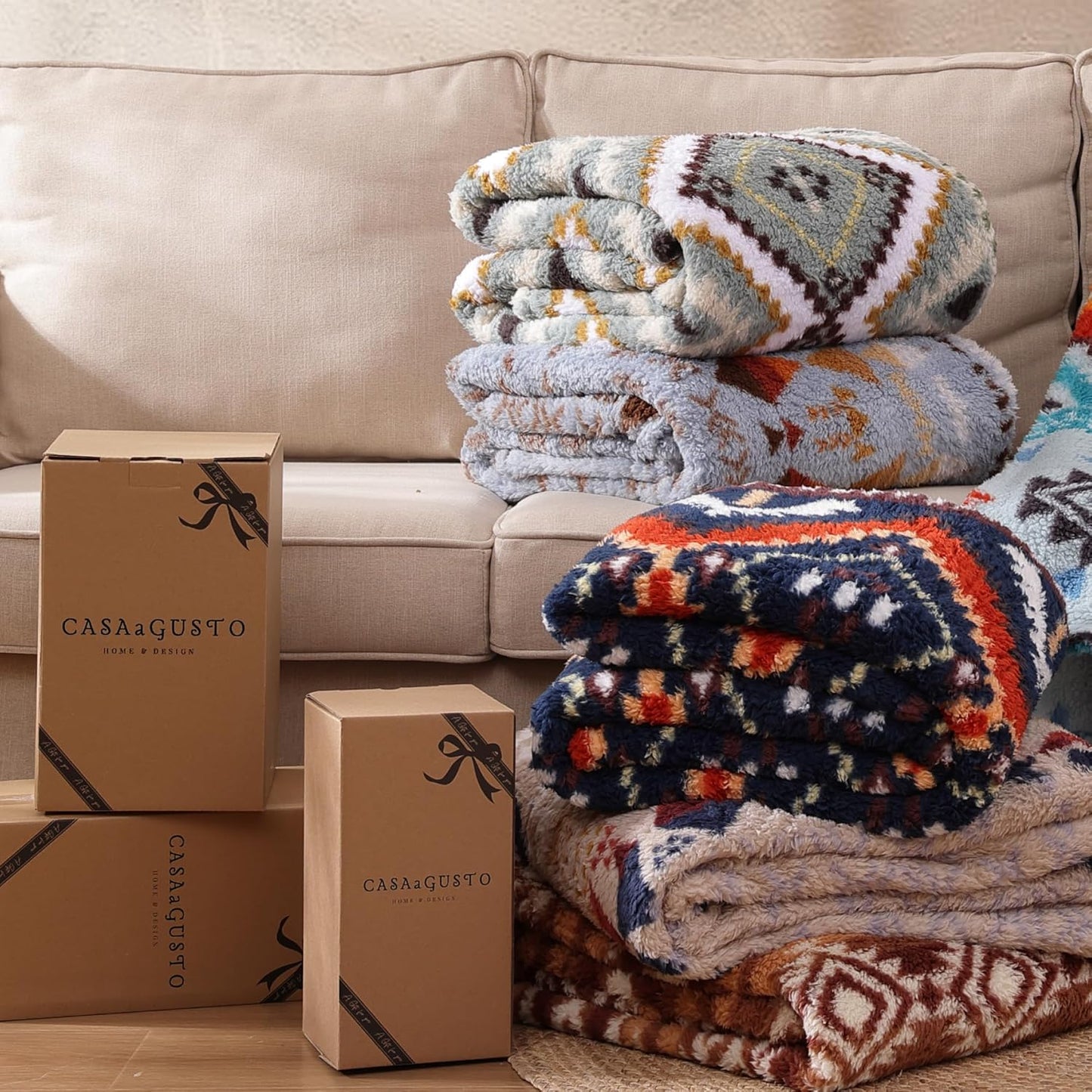 CASAAGUSTO Boho Sherpa Throw Blanket, Aztec Throw, Ultra Soft, Warm, Cozy, Plush, Thick Fleece Bohemian Throw Blanket for Couch, Bed, Sofa (Aqua 50 * 60 Inch)