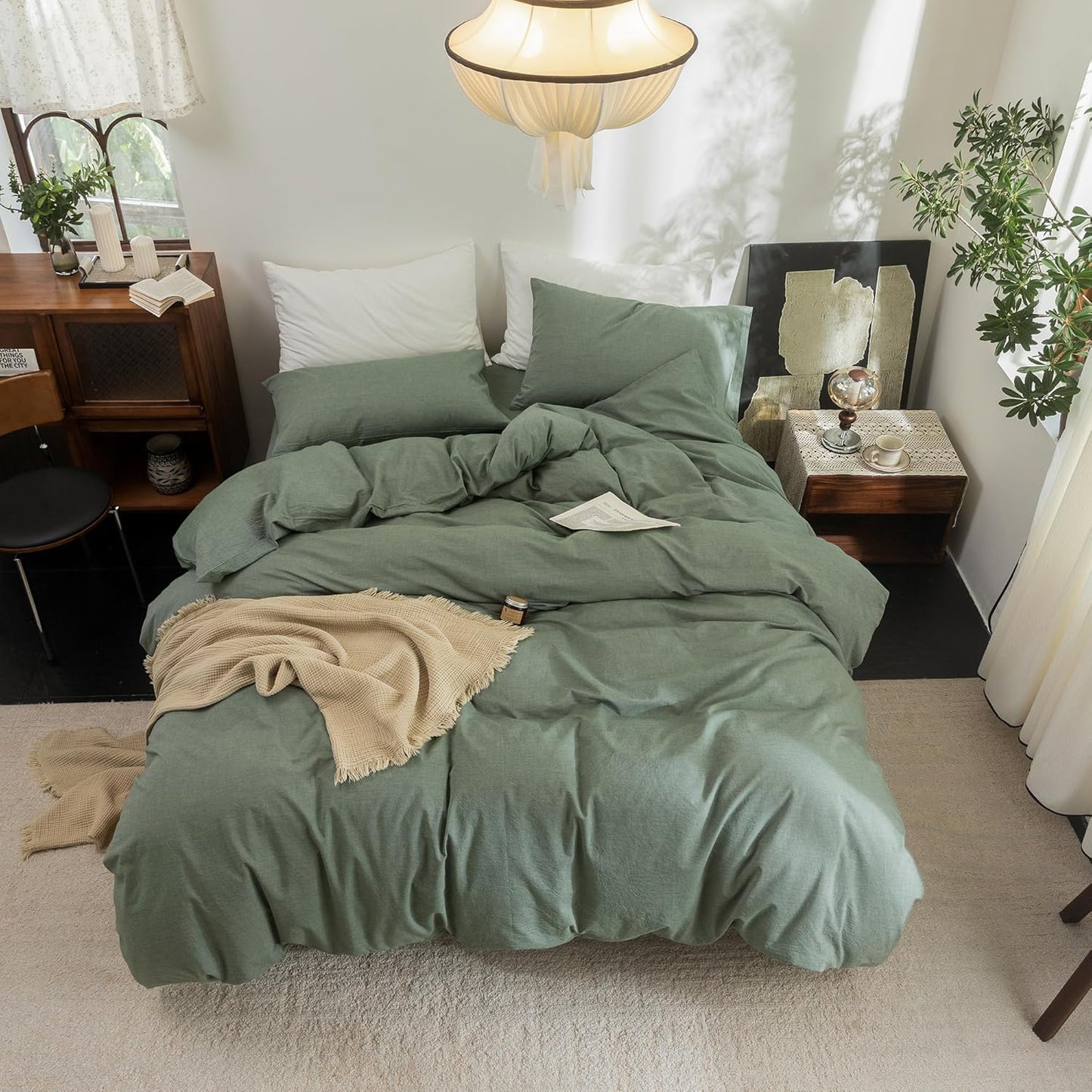 FOSSA Duvet Cover Set 100% Washed Cotton Linen Feel Super Soft Breathable Cozy Simple Style 3 Pieces Bedding Sets Solid Heathered Green Oversized Queen