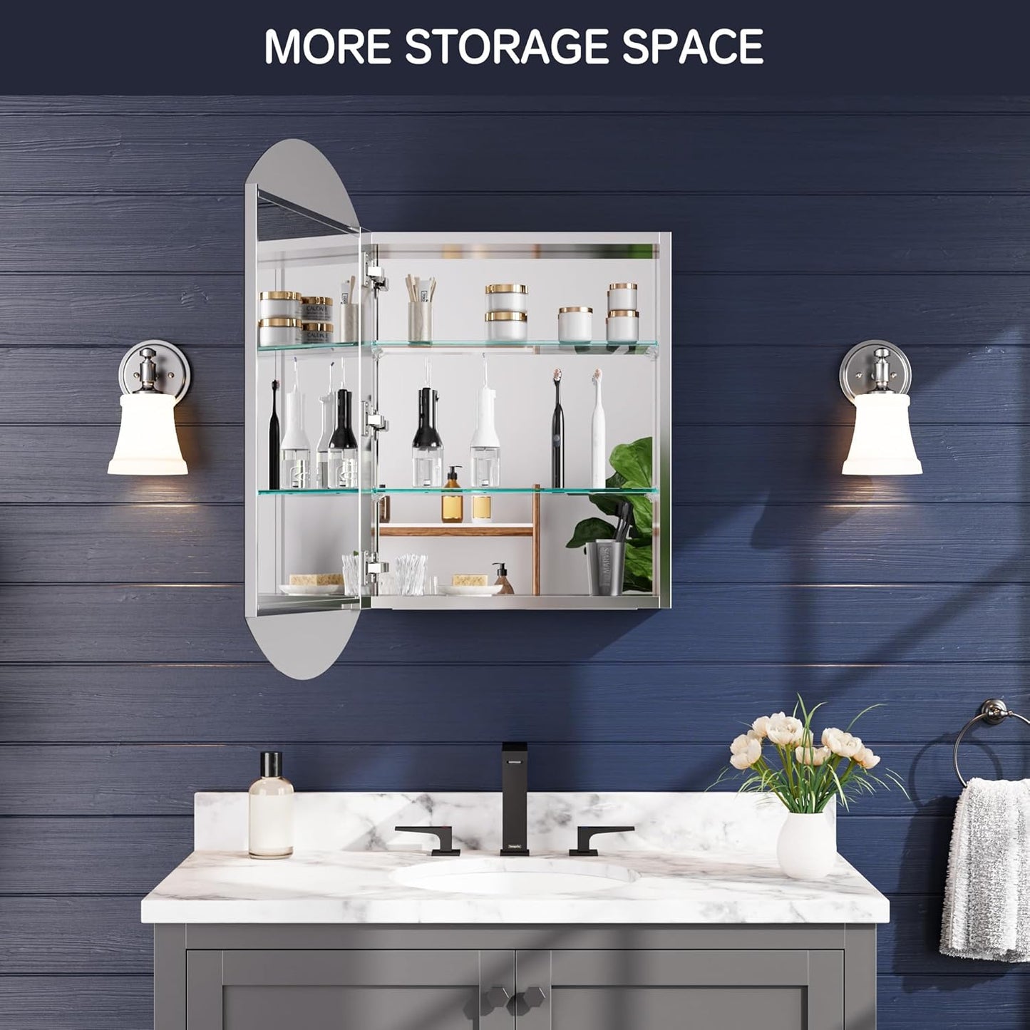 Medicine Cabinet 20" x 32", Bathroom Medicine Cabinet with Mirror, Recessed Medicine Cabinets with Adjustable Shelves, Soft-Closing Door, and Aluminum Alloy Frame - Reverse Installation, Silver