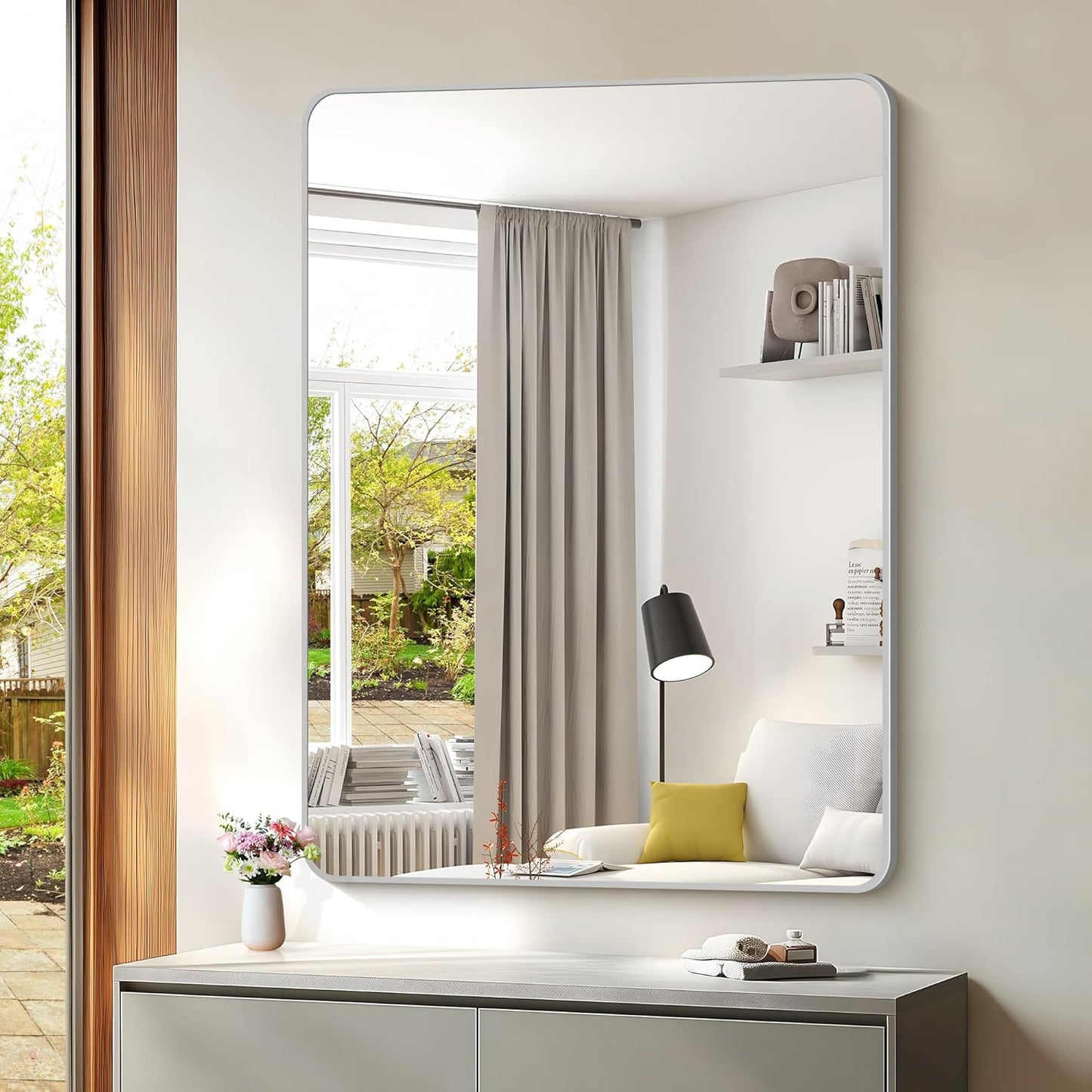 48x36 Inch Silver Bathroom Mirror, Large Rectangular Vanity Mirror, Metal Framed Rectangle Mirrors, Rounded Corner Wall Mounted Mirrors for Living Room Bedroom Entryway Horizontal or Vertical