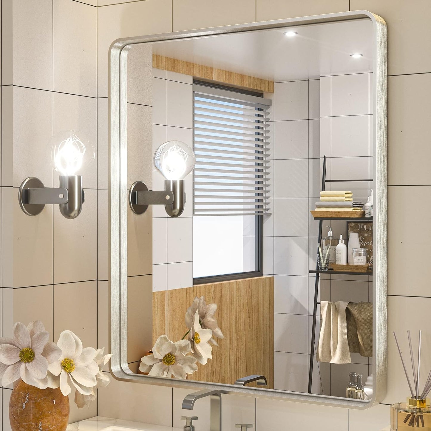 TETOTE Silver Bathroom Mirror, 30 x 36 Inch Wall Mounted Rectangle Brushed Silver Metal Framed Modern Vanity Mirror (Horizontal/Vertical)