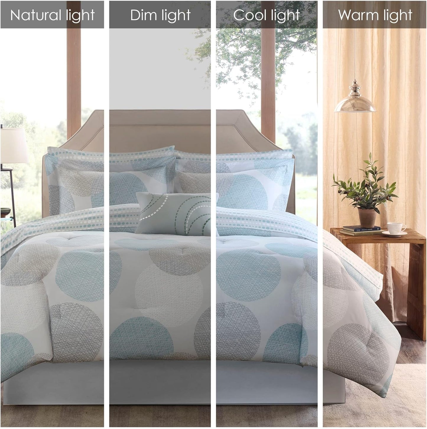 Madison Park Essentials Bed in a Bag Comforter, Vibrant Color Design All Season Down Alternative Cover with Complete Cotton Sheet Set, Queen(90"x90"), Knowles, Circular Aqua, 9 Piece