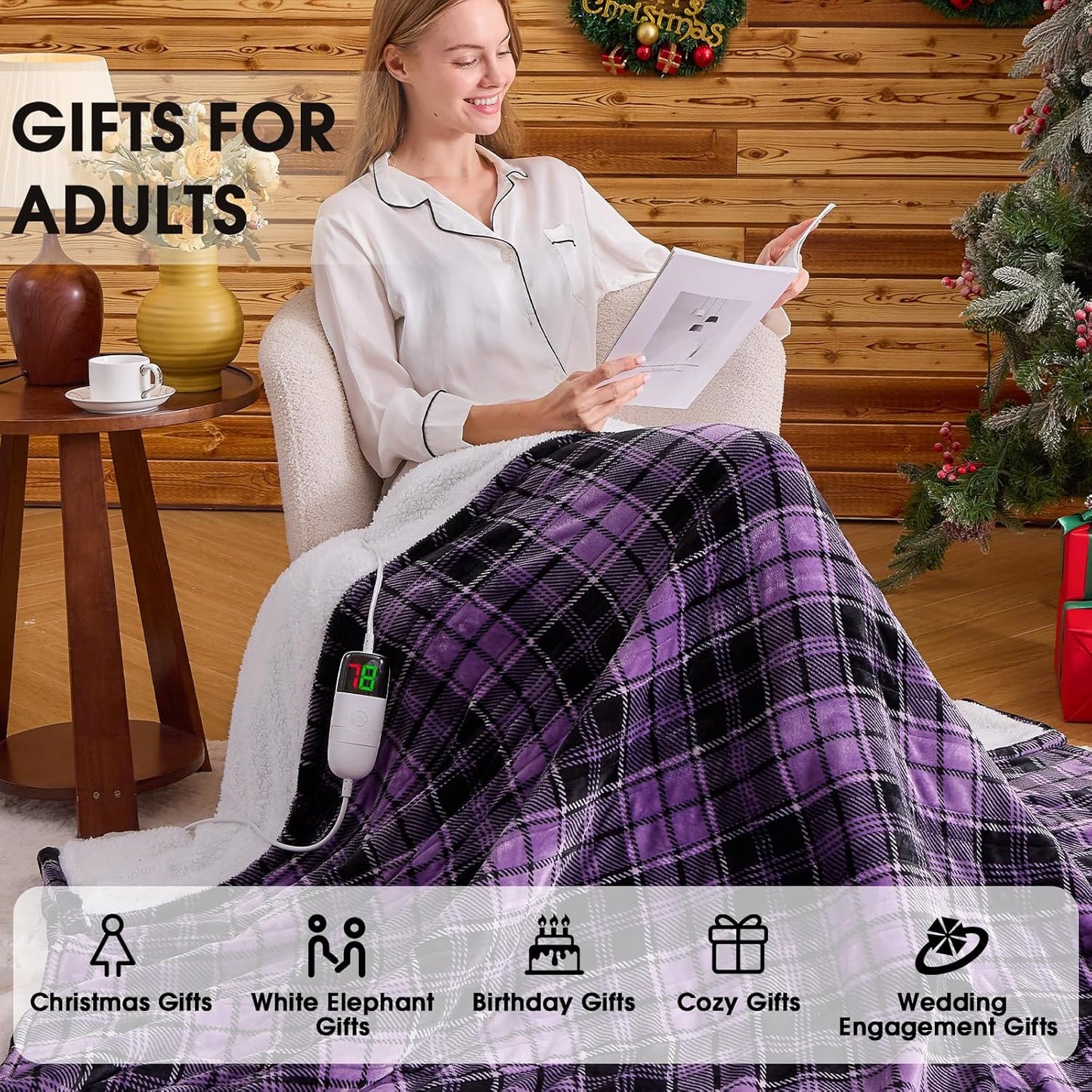 OCTROT Heated Blanket Electric, Twin Size 62X84, Heating Blanket with 10 Heating Levels & 8 Hours Auto Off, Purple Checkered Plaid Sherpa Blankets Warmer for Adults, Fast Heating and Washable