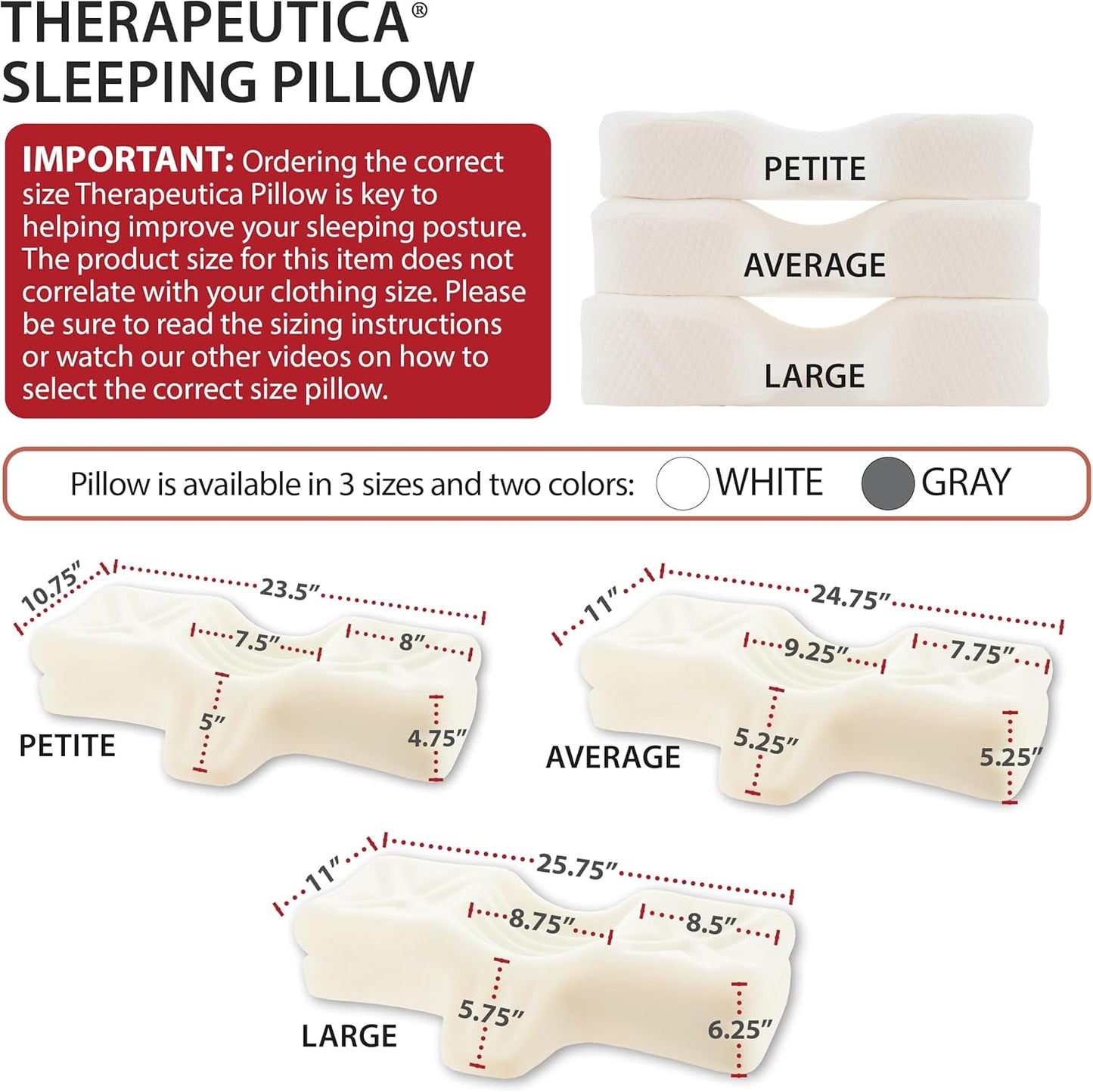 Therapeutica Lite Cervical Orthopedic Foam Pillow - Neck Support Pillow for Side & Back Sleepers - Ergonomic Pillow for Neck Support, Relief, & Spinal Alignment – Petite Size, Medium Firmness, Gray