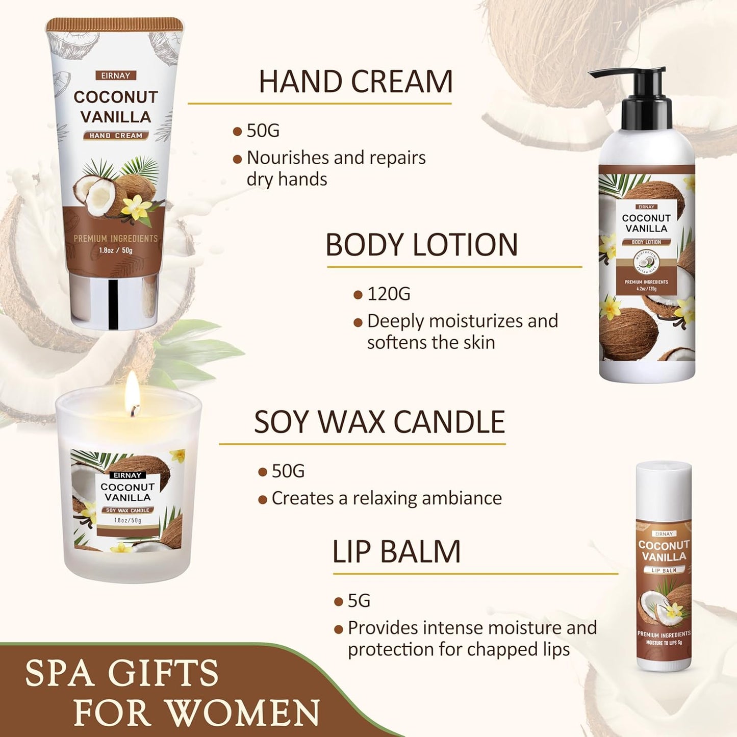 Christmas Gifts For Women - 16 PCS Gift Basket for Women Set of Coconut Vanilla Self Pampering Set, Includes Luxurious Home Spa Shower Gel Bubble Bath