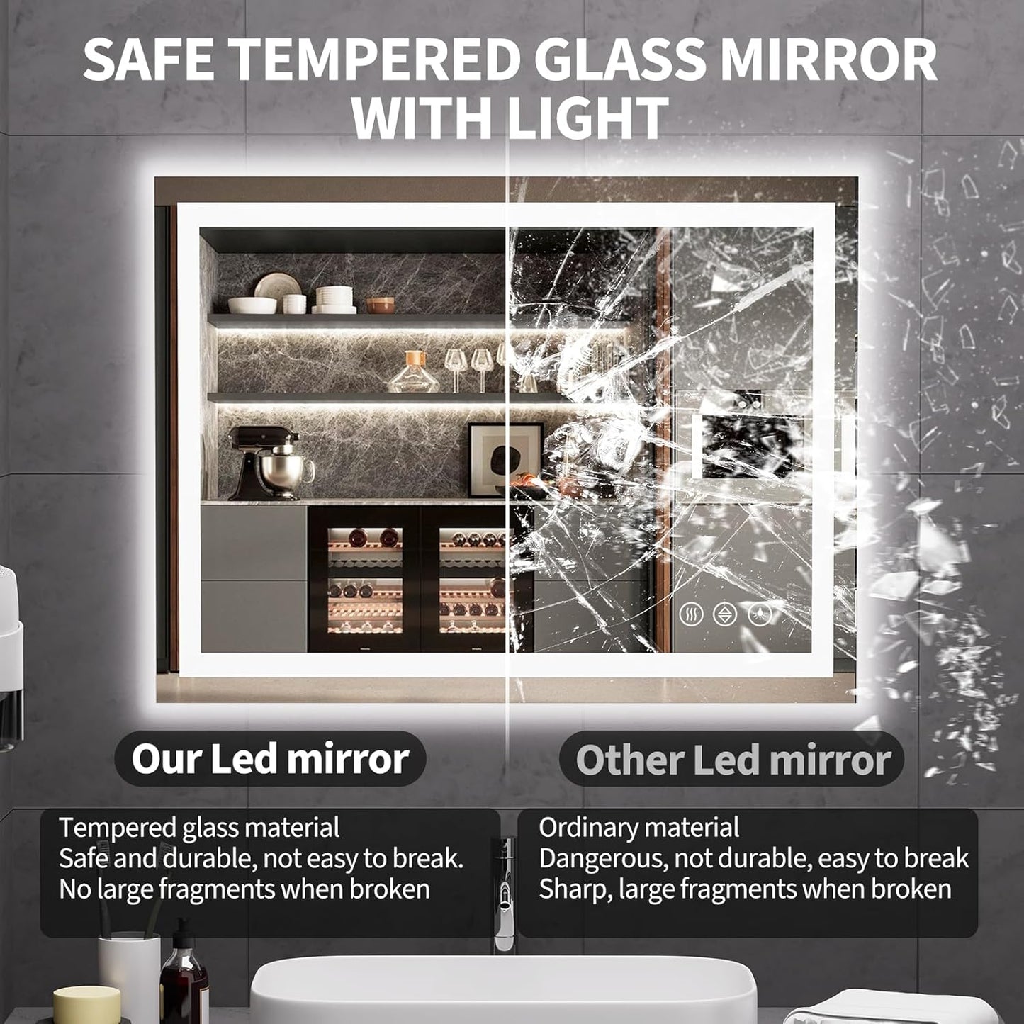 Koonmi 32x24 LED Bathroom Mirror, Backlit + Front Lit, LED Bathroom Mirror with Lights for Wall, 3 Colors, Anti-Fog, Dimmable Brightness, Memory Function, Tempered Glass