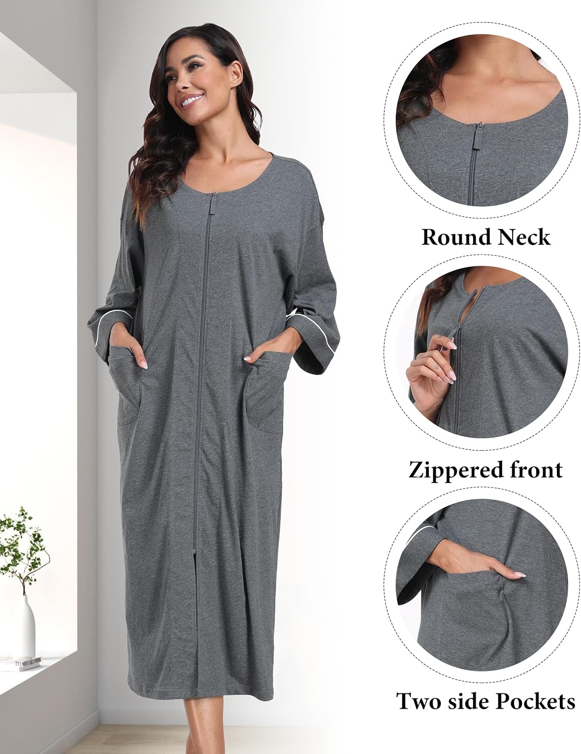 ANLIQI Women's 100% Cotton Robes Long Zipper Front House coats 3/4 Sleeve Bathrobes Lightweight Full Length Robe with Pockets