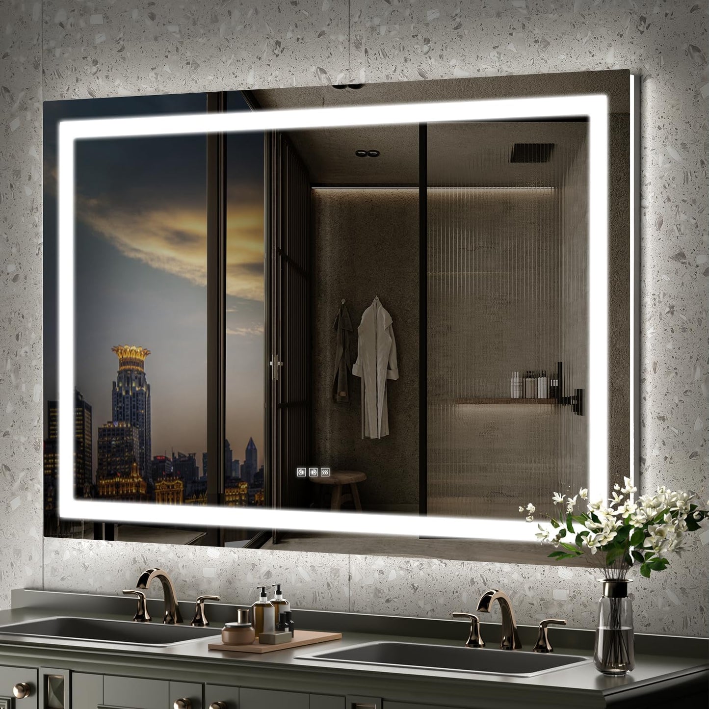 LED Mirror for Bathroom, 60x40 Inch Backlit + Front Lighted Bathroom Vanity Mirror with Lights for Wall, Double Light Strips, 3 Colors, Shatter-Proof, Anti-Fog and Brightness Memory