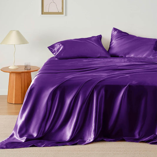 Bedsure Satin Sheets Queen Size - 4 Piece Silky Bedsheets with 15 Inches Deep Pocket Fitted Bedsheet,1 Flat Sheet, 2 Satin Pillowcases, Good for Hair & Skin (Queen, Purple)