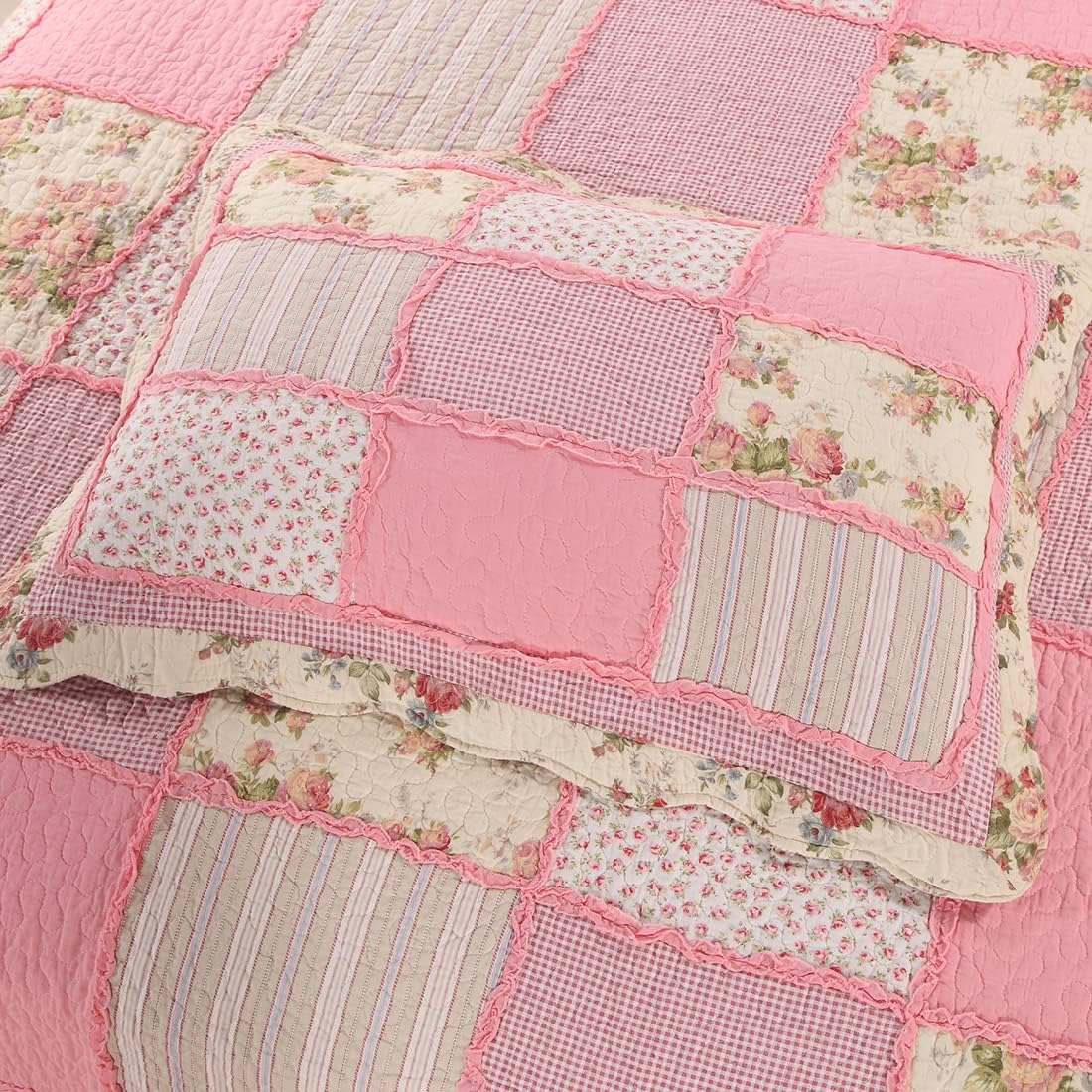 vctops 3 Piece Patchwork Floral Quilted Bedspread Quilt Set 100% Cotton Boho Ruffles Reversible Coverlet Set 1 Quilt and 2 Pillow Shams (Pink,Queen)