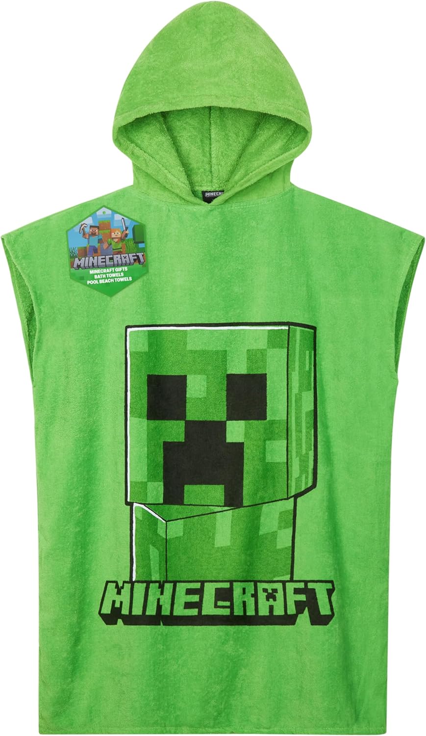 Minecraft Towelling Poncho Kids Teens Hooded Bath Towels Absorbent Beach Towel (Green, 10-13 Years)