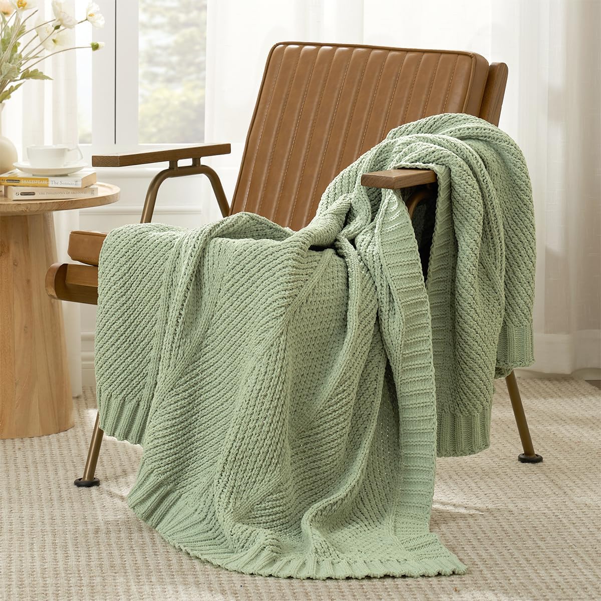 Amélie Home Chevron Chenille Knit Throw Blanket for Couch, Cozy Texture Decorative Soft Blanket for Sofa & Chair, 60"x80", Sage Green