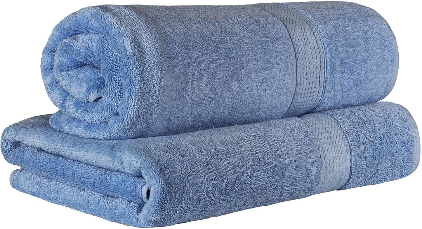 Superior Egyptian Cotton Pile Bath Sheet Set of 2, Ultra Soft Luxury Towels, Thick Plush Essentials, Absorbent Heavyweight, Guest Bath, Hotel, Spa, Home Bathroom, Shower Basics, Denim Blue
