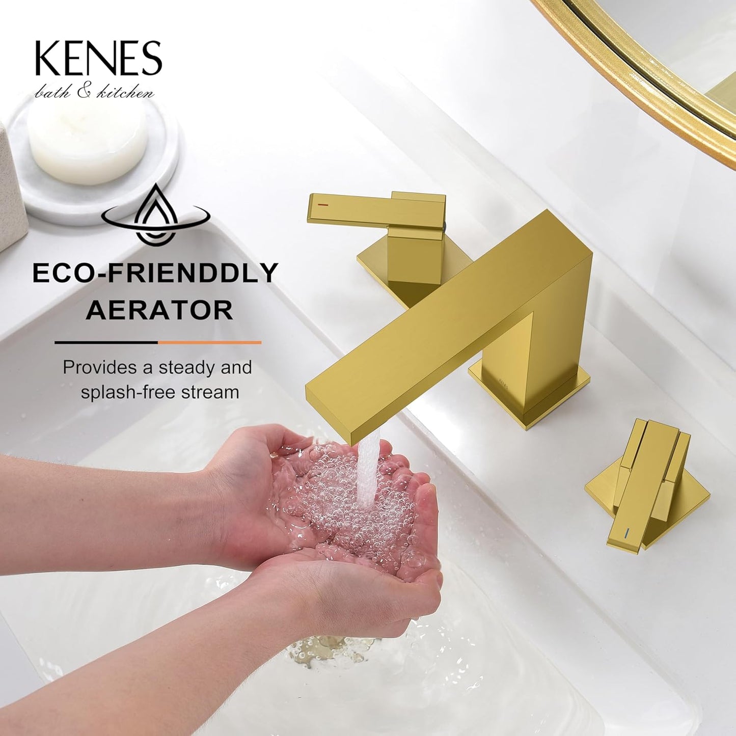 KENES Brushed Gold Widespread Bathroom Faucet 3 Hole Bathroom Sink Faucet Gold Two Handle, 8-Inch 3 Pieces Bathroom Vanity Faucet with Pop Up Drain & Supply Lines, KE-9050-4-P
