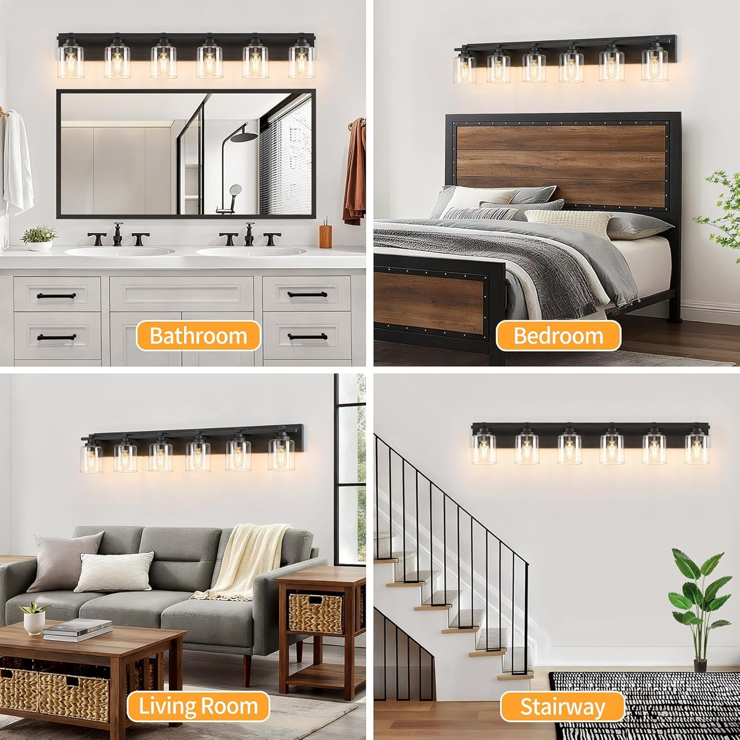 6 Light Modern Bathroom Light Fixtures Over Mirror, Black Vanity Lights for Bathroom Wall Sconces with Clear Glass Shades, E26 Socket (Bulbs Not Included)