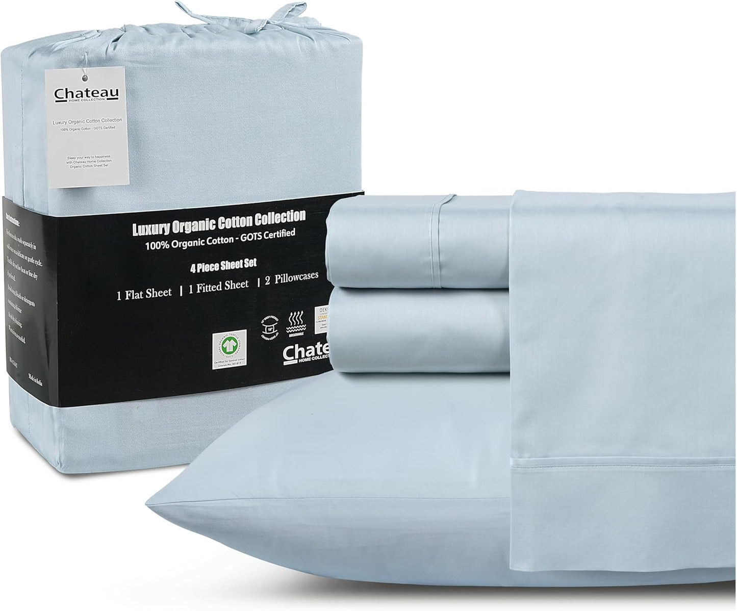 100% Organic Cotton Sheets King Size, 4 Piece Breathable Bed Sheet Set, 15" Deep Pocket King Sheets Cotton, Solid Sateen Weave Luxury Hotel Collection, No Pill & Shrink- Light Blue