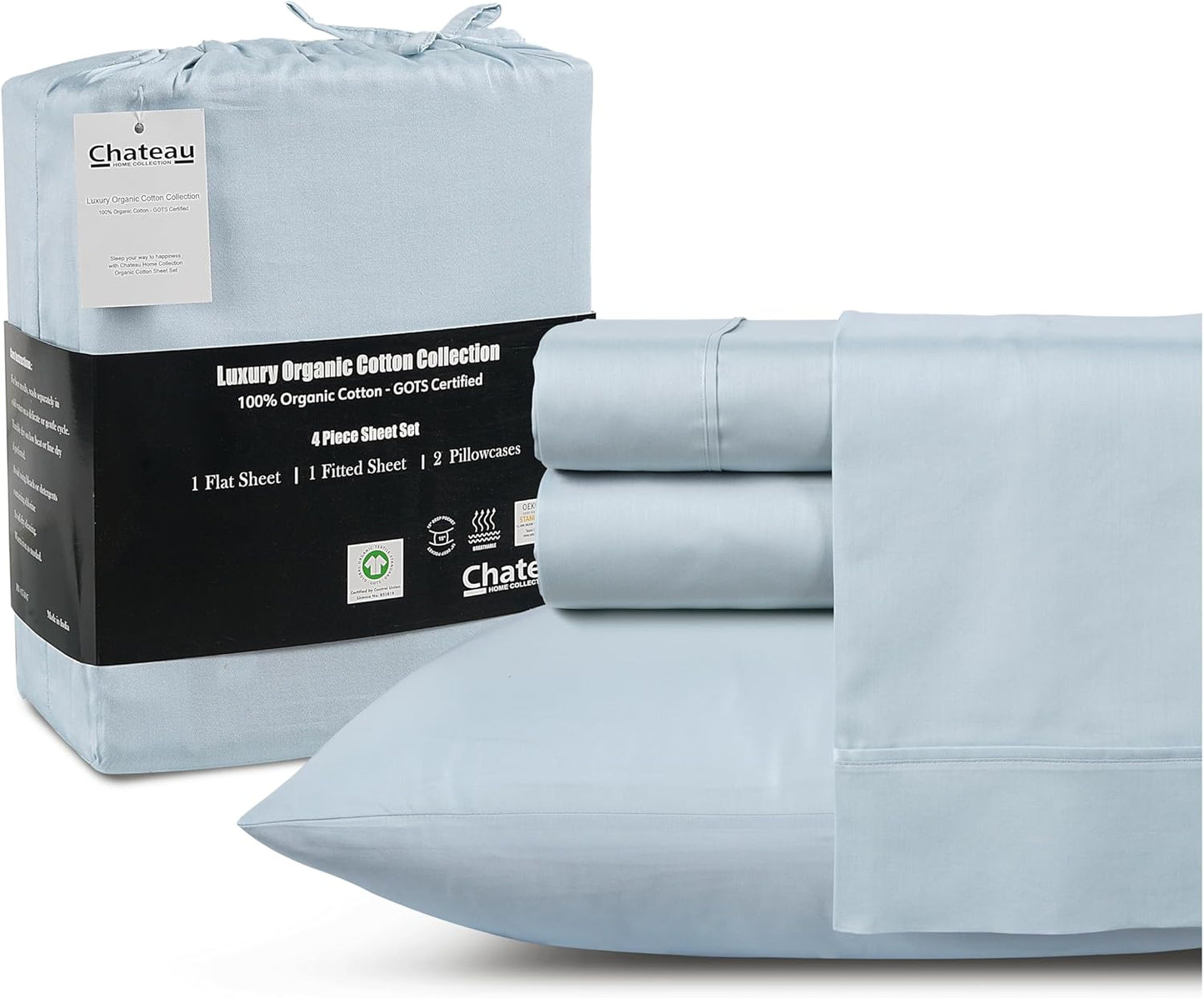 CHATEAU HOME COLLECTION Organic Cotton Sheets Queen Size Bed Set Deep Pockets, 300 TC Cotton Queen Sheet Set, Soft Breathable Elasticated Sheet & Pillowcase Sets, Machine Washable- Light Blue
