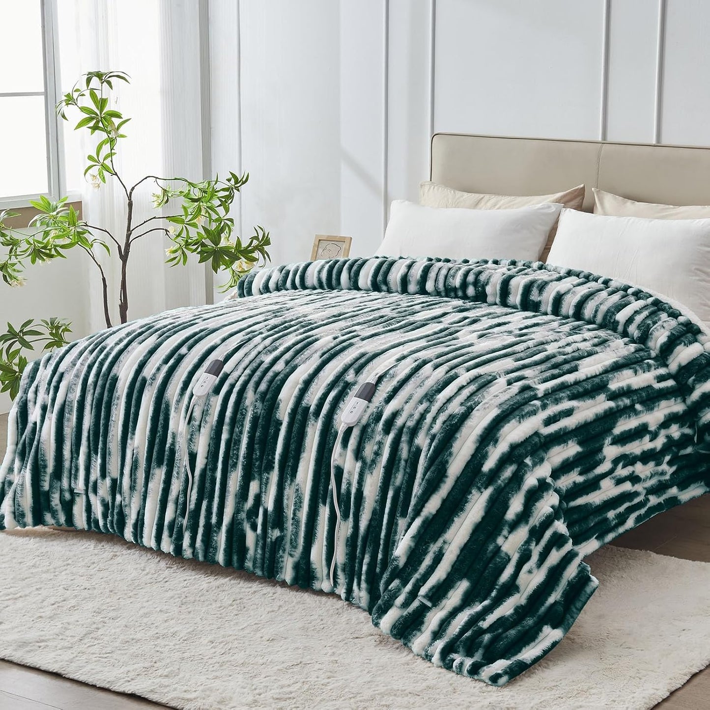 Heated Blanket Queen - 84"x90" Dual Control Bed Electric Blankets with 6 Heating Levels & 10 Hours Auto Off, Soft Ribbed Faux Fur Sherpa, Over-Heated Protection ETL, Dark Green