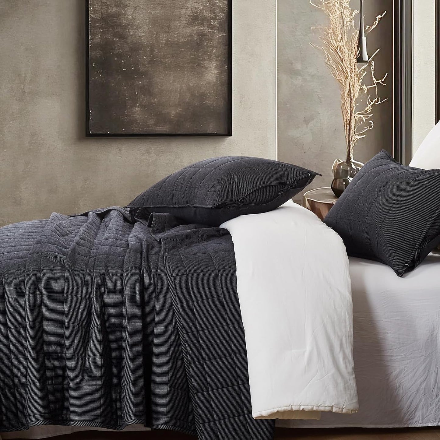 Midnight Pinstripe Quilts Queen Size, Cotton Queen Quilt Set Stone Washed with Black Stripe Bedding Coverlet Light Weight 3-Pieces with 2 Pillow Shams