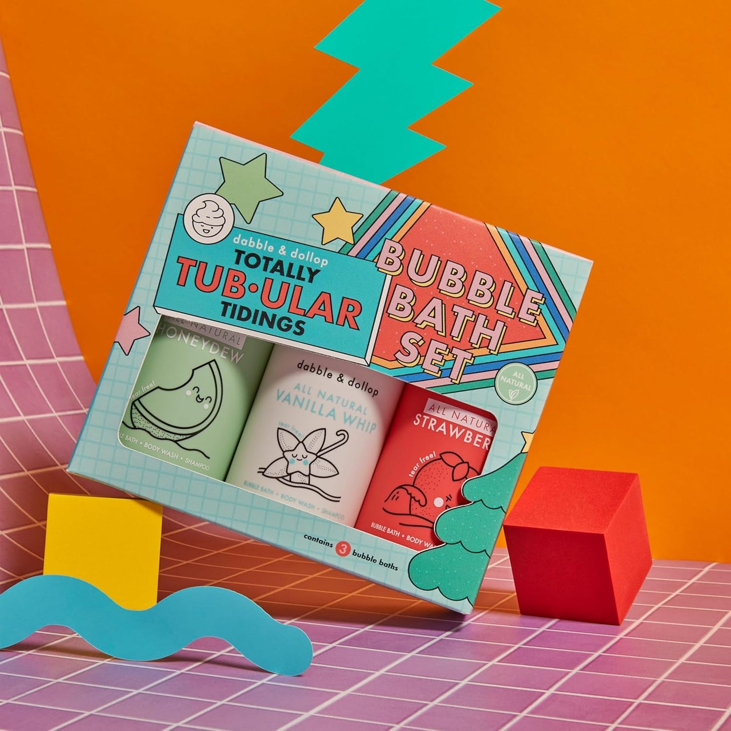 Dabble & Dollop Totally Tub-ular Tidings Bubble Bath Set - Holiday Gift Bundle with Three Mixable 3-in-1s - Bubble Bath Body Wash and Shampoo - Strawberry, Honeydew & Vanilla