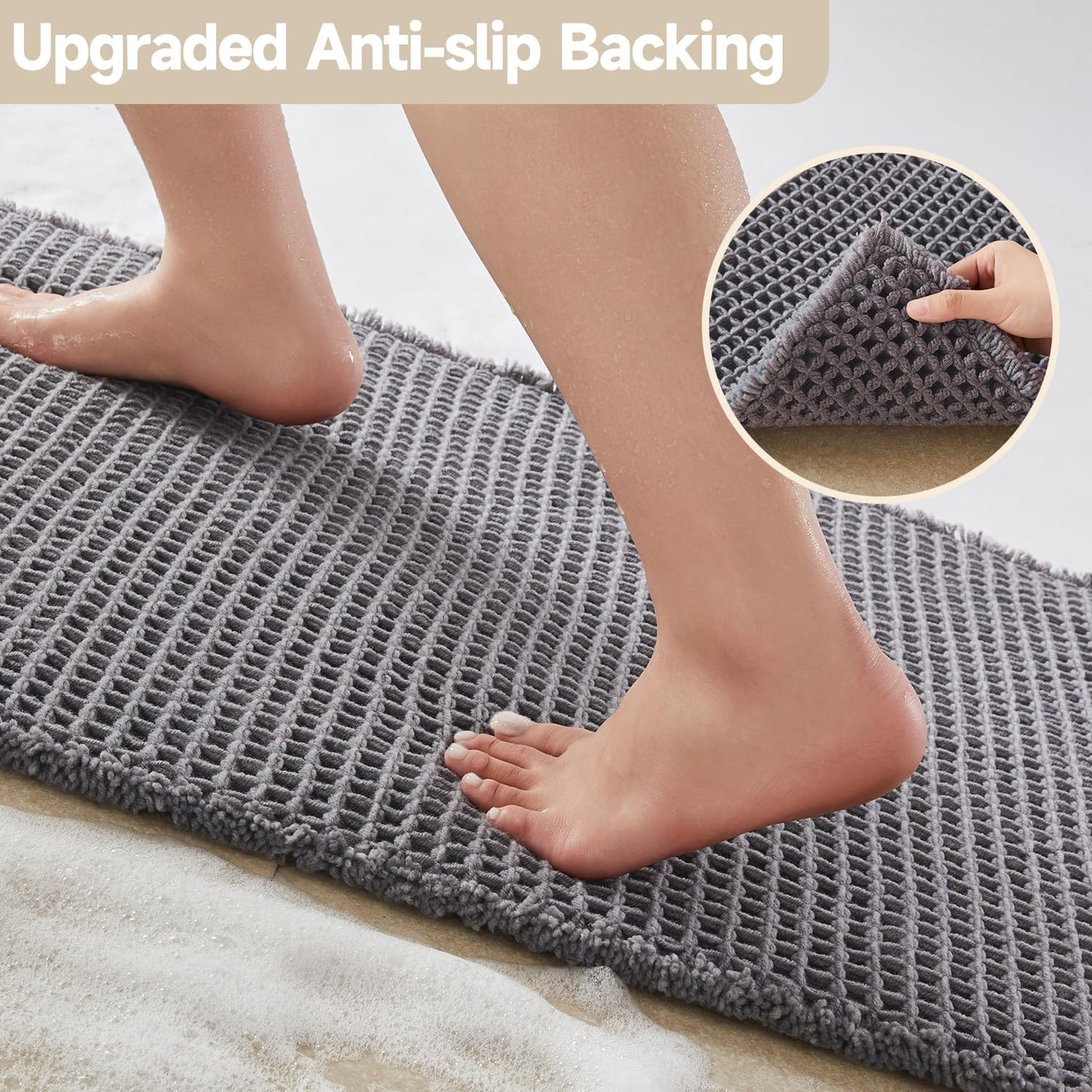 Waffle Runner Rug Bathroom, Long Boho Bathroom Rugs Non Slip Washable Super Absorbent Quick Dry Farmhouse Bath Decor, 60"x24" Grey